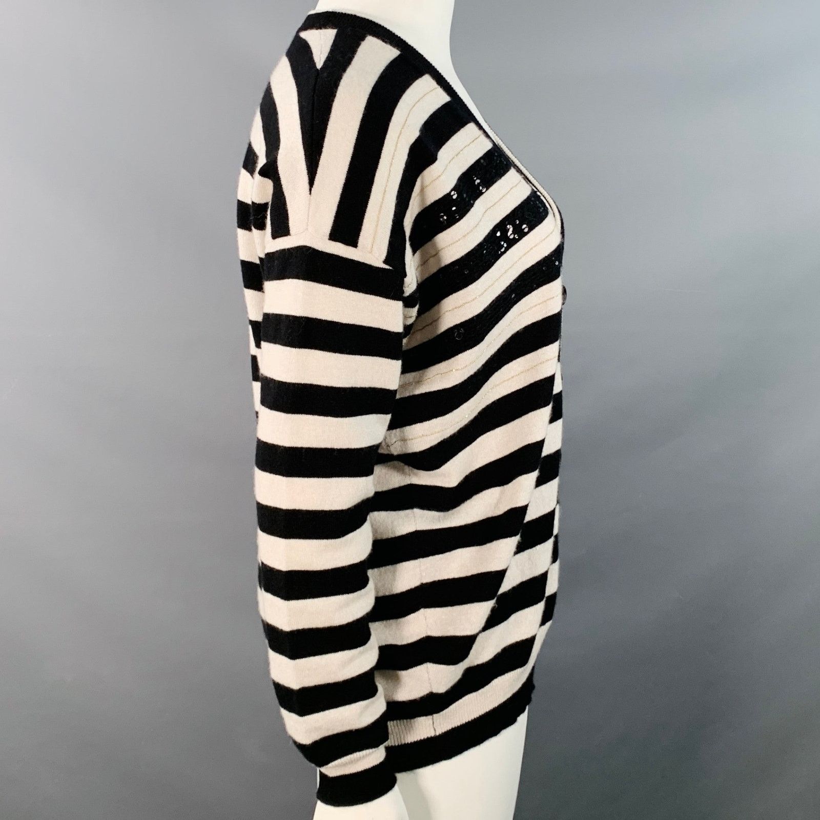 Brunello Cucinelli Black White Cashmere Stripe Monili Beaded Sequined Cardigan Size L / US 10 / IT 46 - 3 Thumbnail