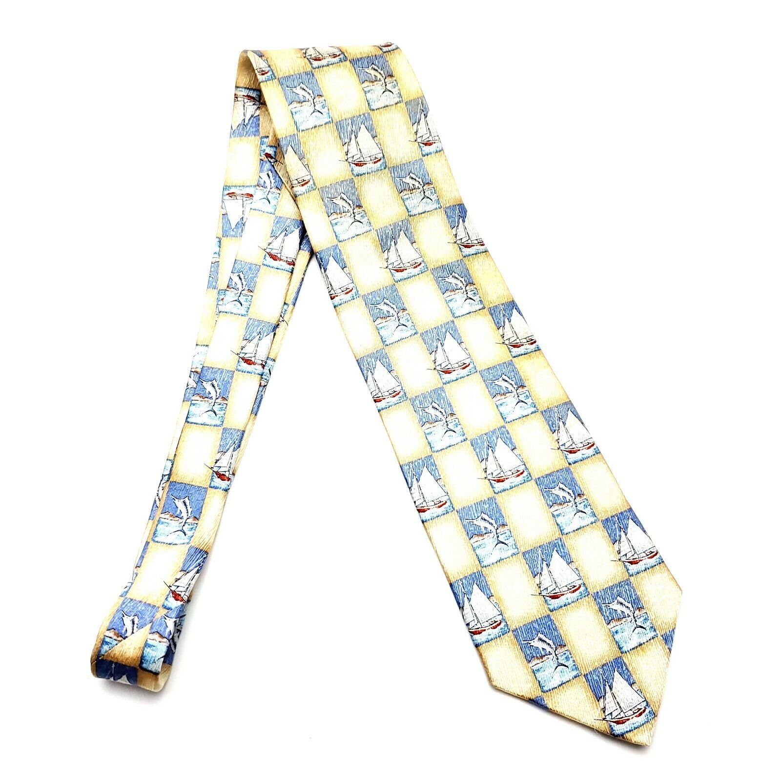Vintage Tango Silk Tie Print Yellow Blue Wide Sailboat Fish Novelty Size ONE SIZE - 6 Thumbnail