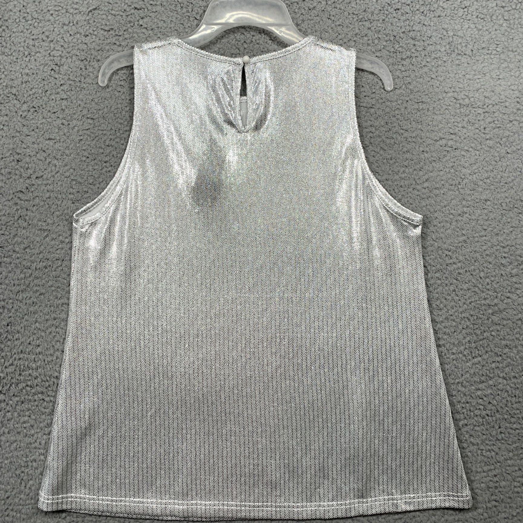 Vintage Allegra K Top Women's M White Silver Shiny 1 Button Closure Machine Washable Tank Blended Polyester Spandex Size M / US 6-8 / IT 42-44 - 5 Thumbnail