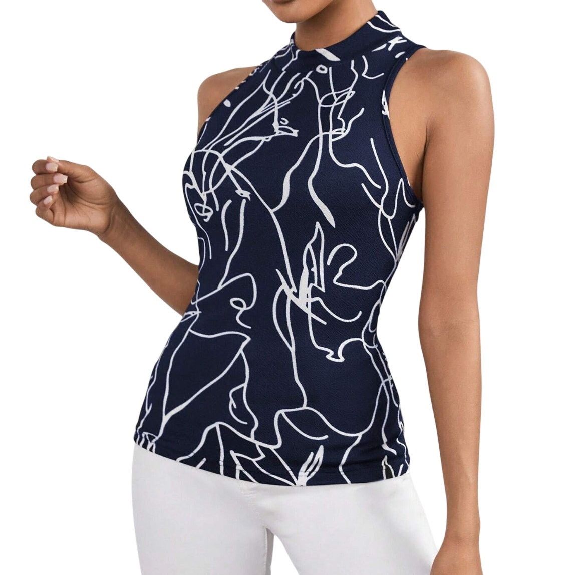 Shein All-Over Printed Stand Collar Sleeveless Tank Top in Blue Size M / US 6-8 / IT 42-44 - 1 Thumbnail