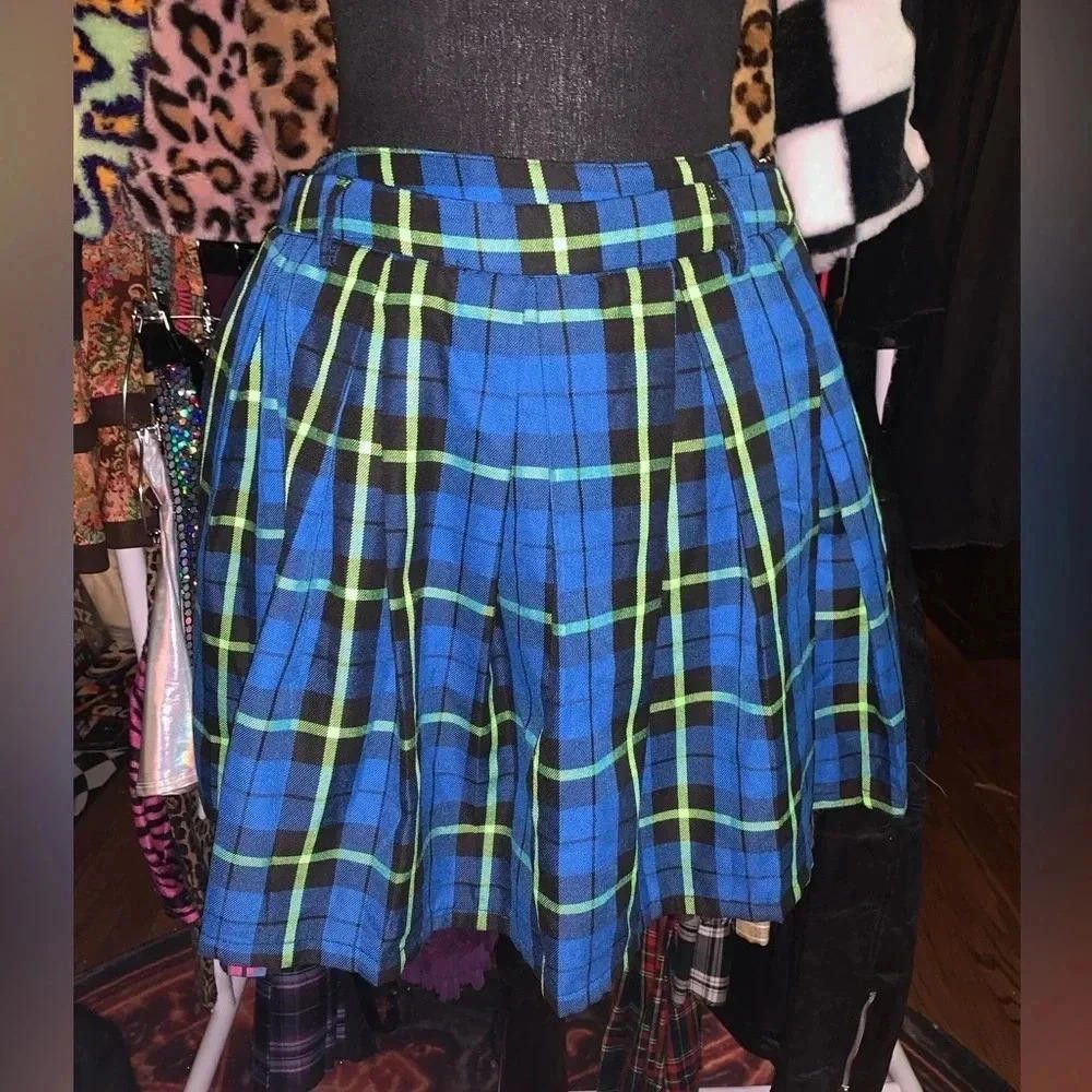 Designer Hottopic Blue Plaid Pleated Skirt - Size LG Size 36" / US 14 / IT 50 - 1 Thumbnail