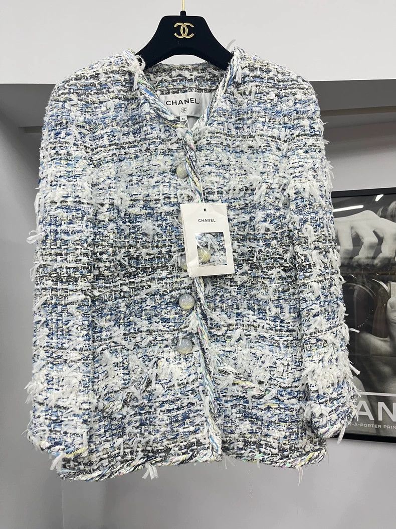 Chanel Waterfall Blue White Fringe Jacket