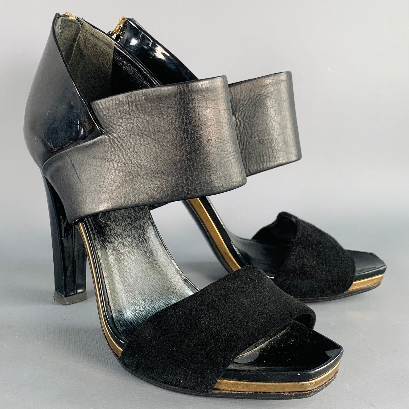 Gucci GUCCI Size 8.5 Black Gold Suede Patent Leather Ankle Sandals Size US 8.5 / IT 38.5 - 1 Thumbnail
