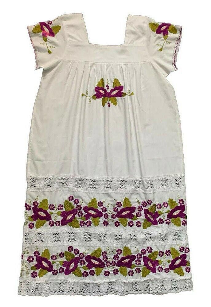 Designer Pre Owned Mexican White Hand Made Embroidered Dress L Size L / US 10 / IT 46 - 2 Thumbnail