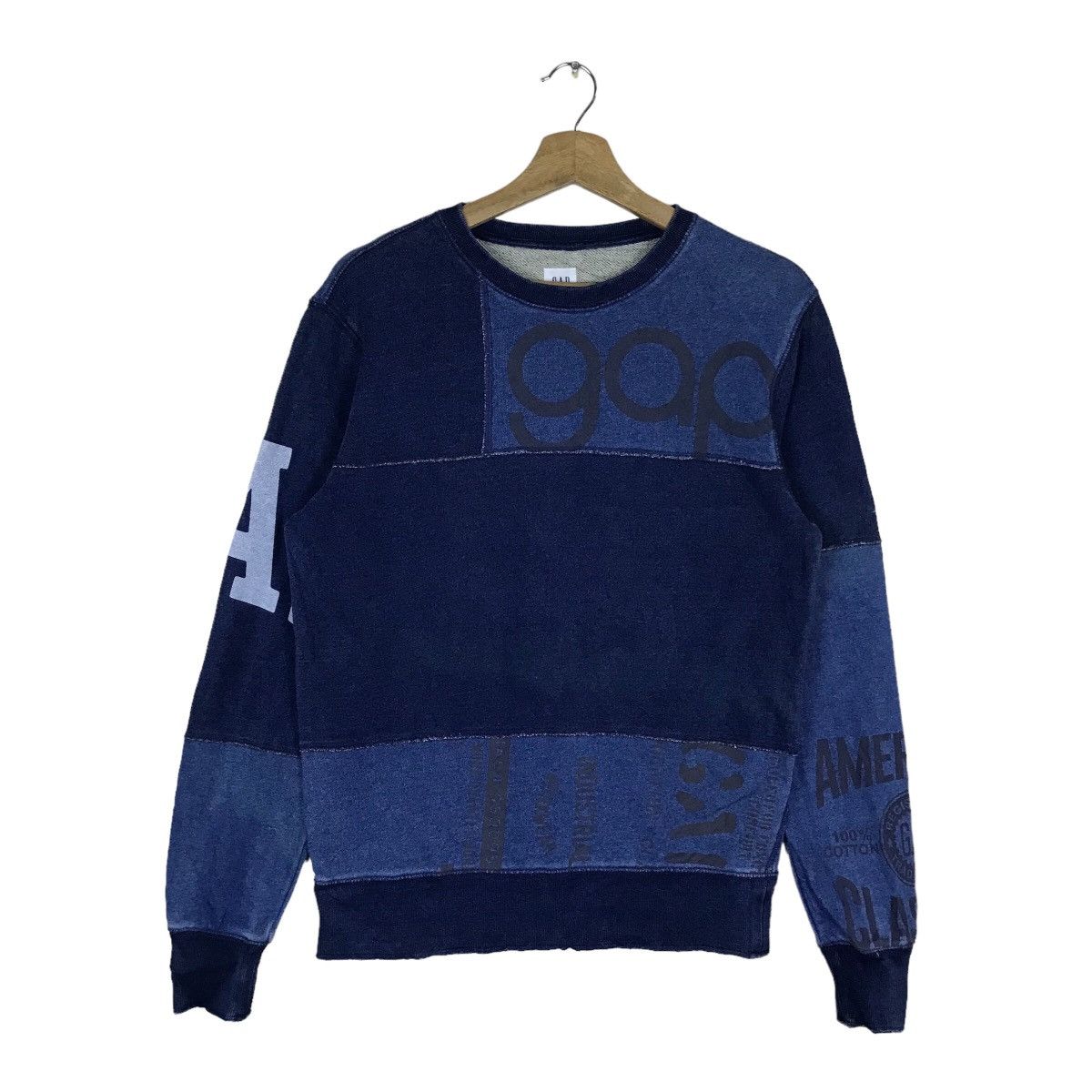 image of Vintage Gap Patched Work Spell Out Pullover Jumper in Blue/Navy, Men's (Size XS)