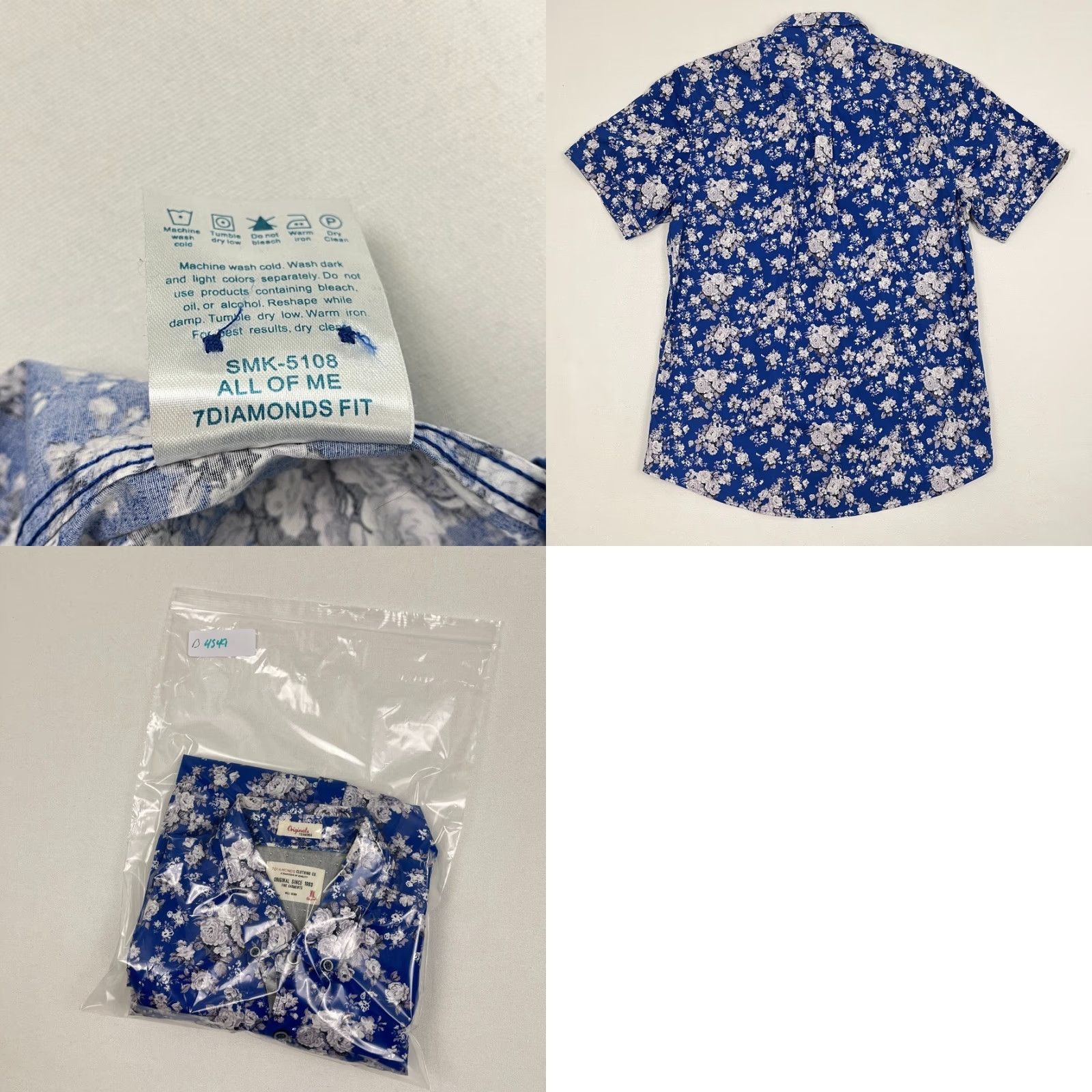 Vintage 7 Diamonds Shirt Mens M All Of Me Floral Blue White Button-Down Short Sleeve Stretch Regular Fit Size US M / EU 48-50 / 2 - 8 Thumbnail