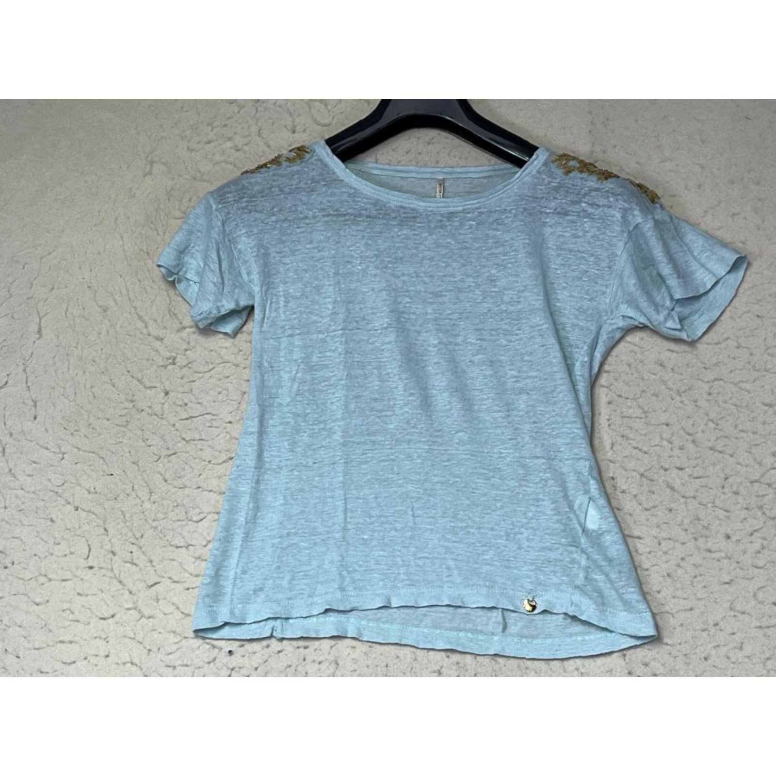 Vintage Maria Filo Women Blue 100% Linen Short Sleeve Top Size Medium Crew Neck Studded Casual Tops M Womens Size M / US 6-8 / IT 42-44 - 2 Thumbnail