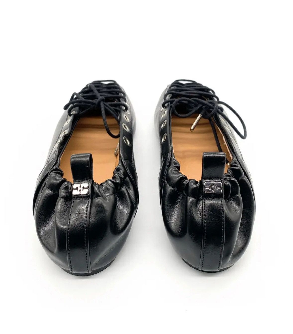 Ganni GANNI Black Leather Lace-Up Ballet Flats with Silver Eyelets Size US 9 / IT 39 - 5 Thumbnail