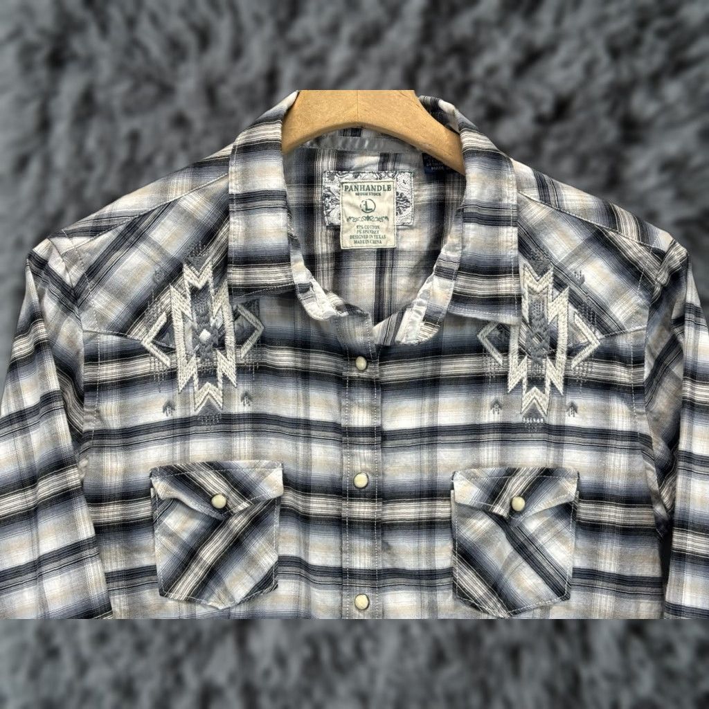 Vintage Panhandle Slim Pearl Snap Shirt Women’s L Grey Plaid Aztec Embroidered Western Size L / US 10 / IT 46 - 1 Thumbnail