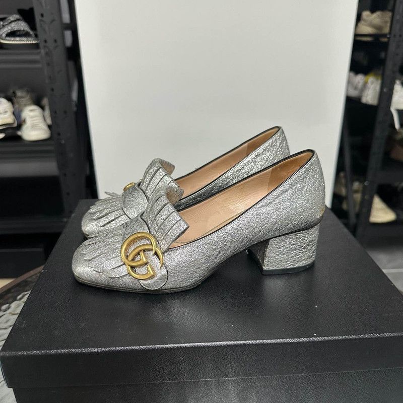 Gucci Gucci Silver Square Toe Block Heel Pumps 0079 Size US 5 / IT 35 - 1 Thumbnail
