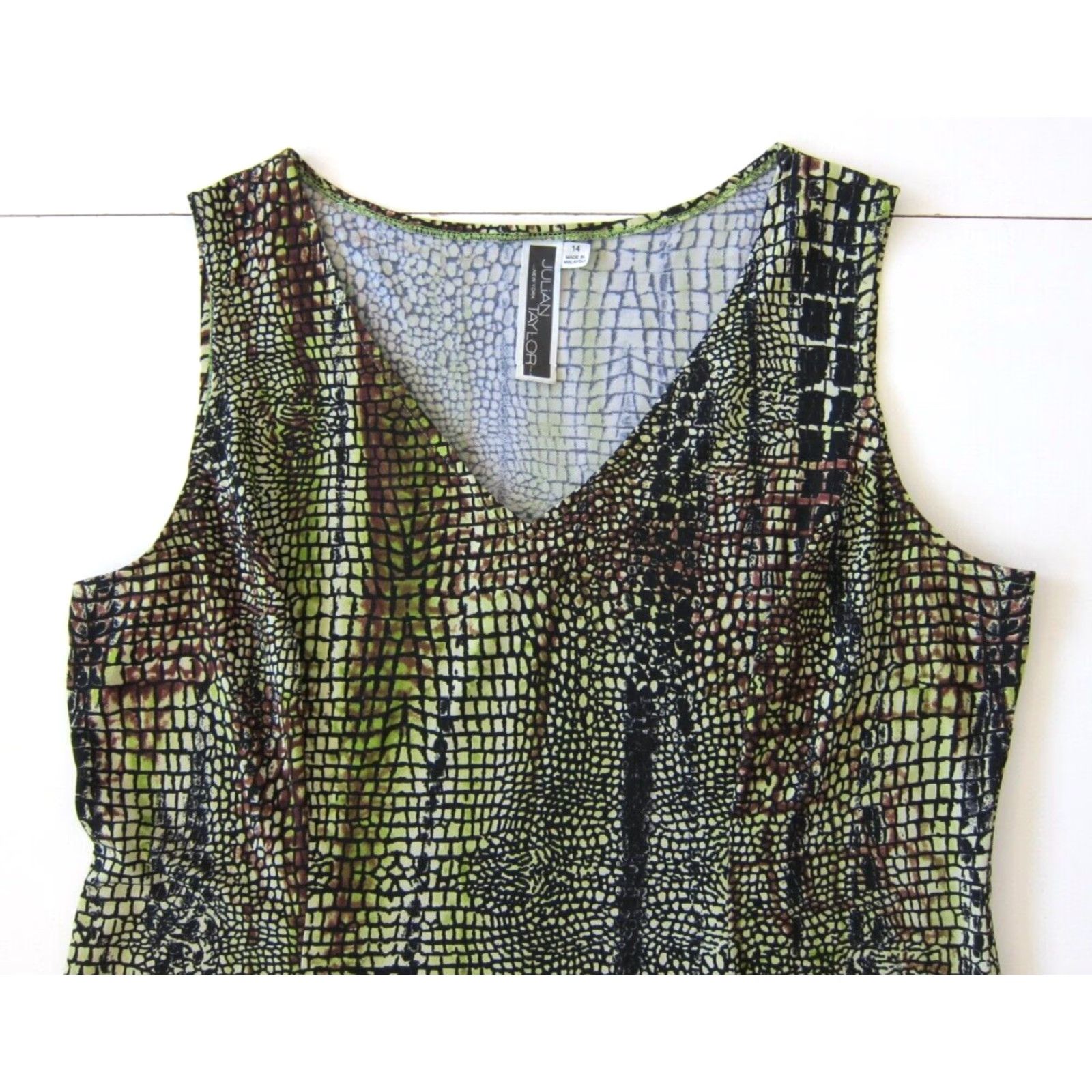 Vintage Julian Taylor New York Snake Print Sleeveless Shift Dress 14 Green Black Brown Size XL / US 12-14 / IT 48-50 - 3 Thumbnail
