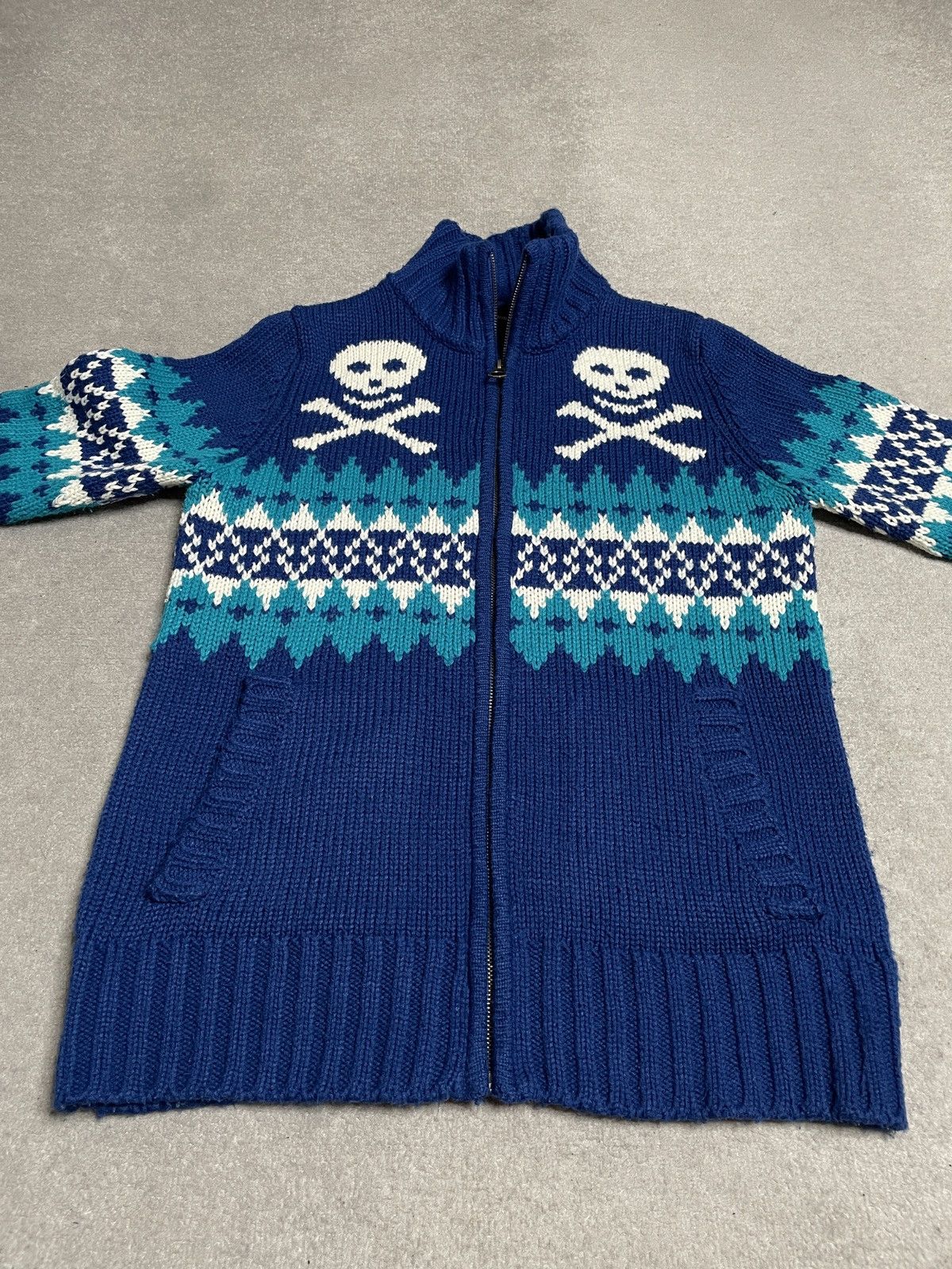 Vintage Vintage Blue Figured Knitwear Jumper Sweater Zip Skulls Size US M / EU 48-50 / 2 - 2 Thumbnail
