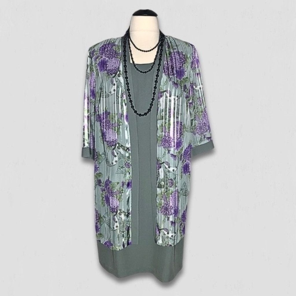 Vintage Two-Piece Set Dress Floral Coat Sage Green/purple