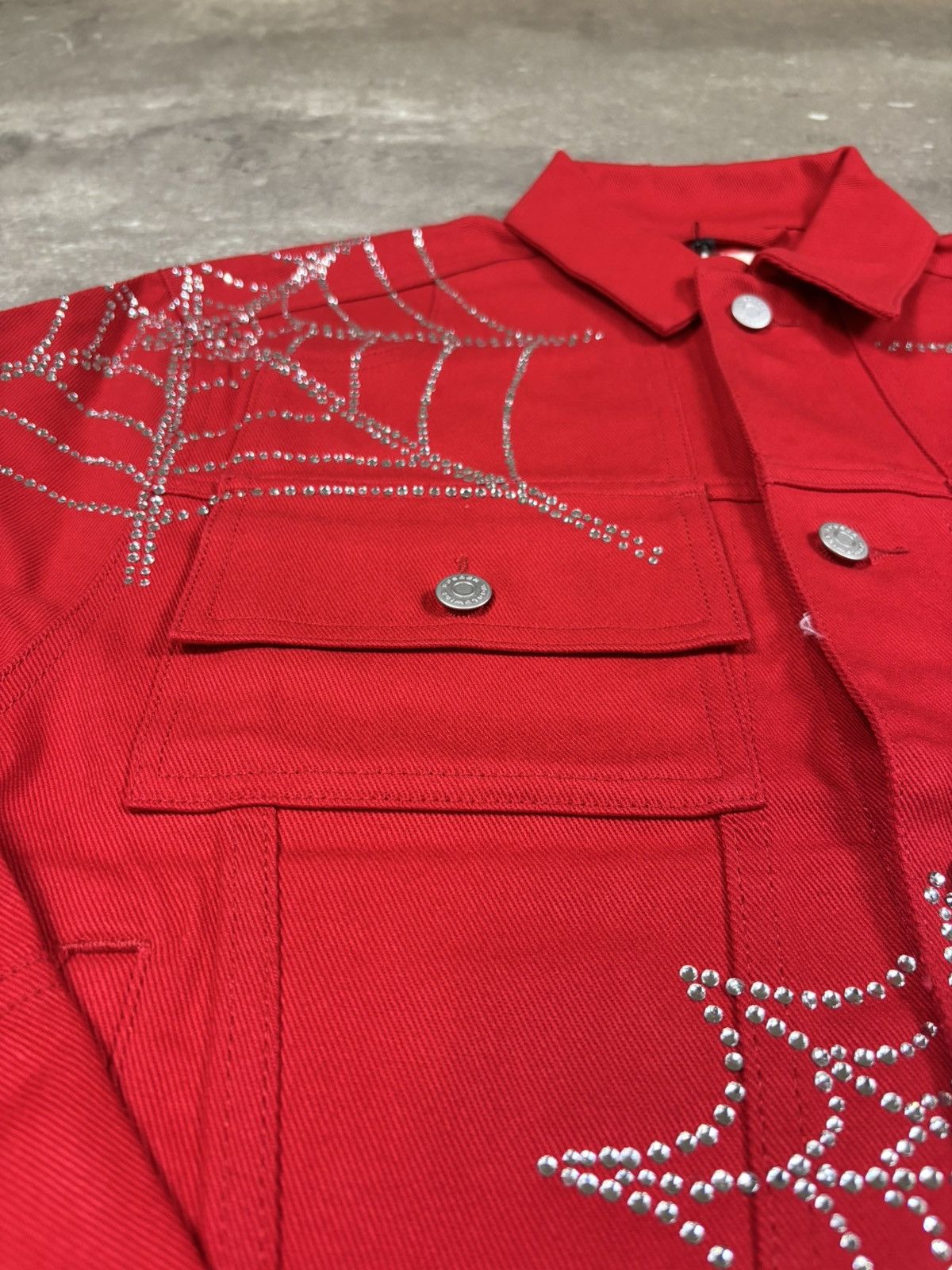 Sp5der Sp5der Web Denim Cropped Trucker Jacket, Red Size US XS / EU 42 / 0 - 3 Thumbnail