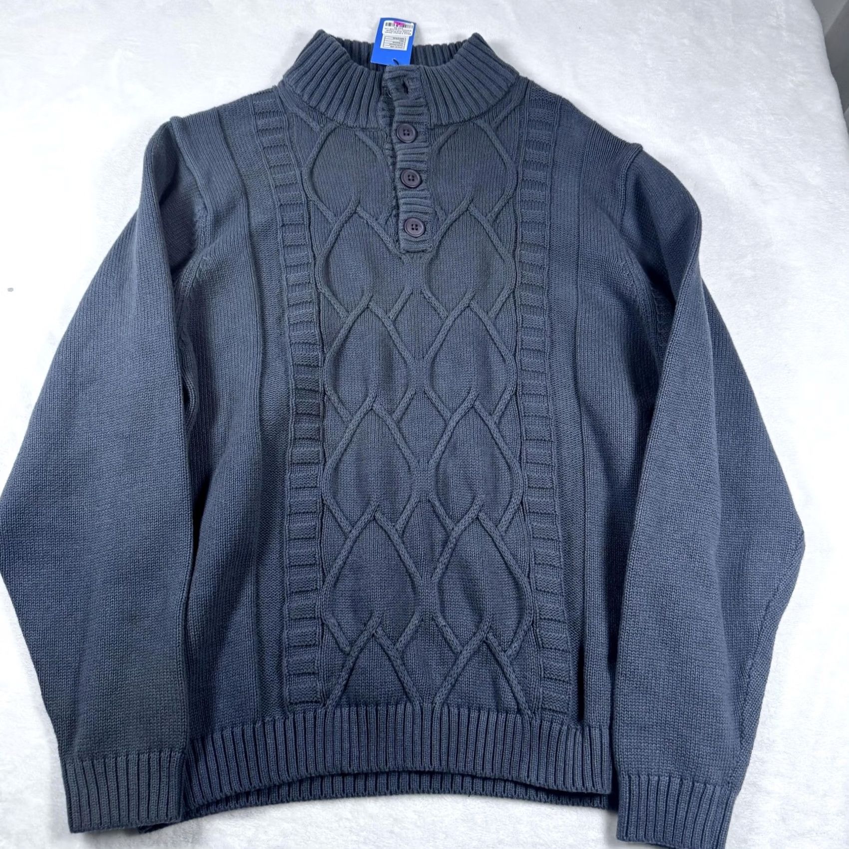 Vintage VINTAGE Gioberti Mens Sweater Knit Cable Mock Neck Three-Button Charcoal Gray L Pullover Shirt Size US L / EU 52-54 / 3 - 2 Thumbnail