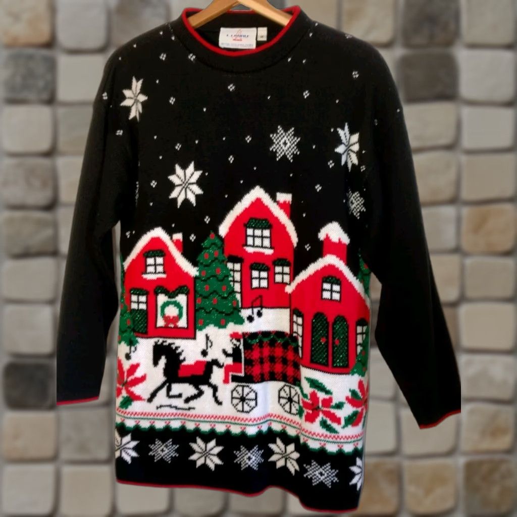 Vintage VINTAGE J.J. Poole Ugly Christmas Sweater Women's Pullover M Black Glitter Snow Village Grannycore Holiday Womens Size M / US 6-8 / IT 42-44 - 1 Thumbnail