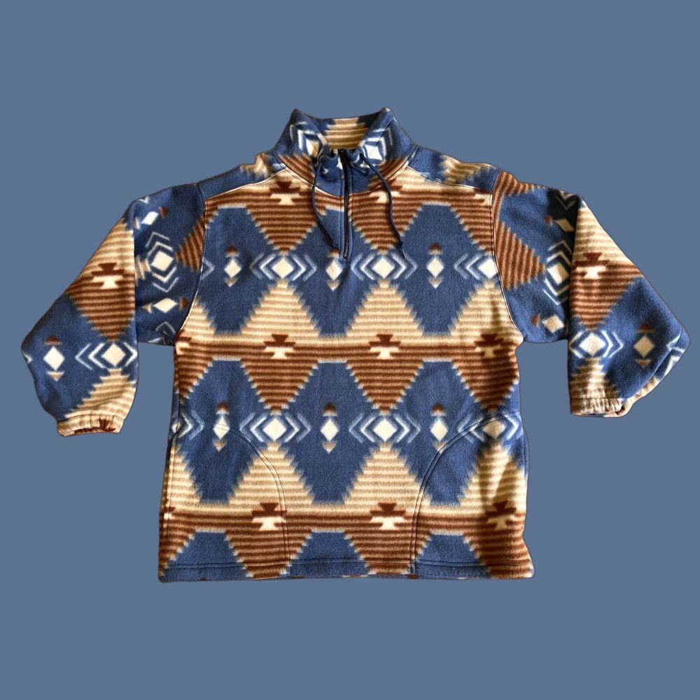 Vintage VINTAGE Santana Nordic Fleece Sweatshirt Men’s Large Blue Beige Aztec 90s Geometric 1/4 Zip Pockets Mock Neck Pullover Long Sleeve Regular Mens Size US L / EU 52-54 / 3 - 1 Thumbnail