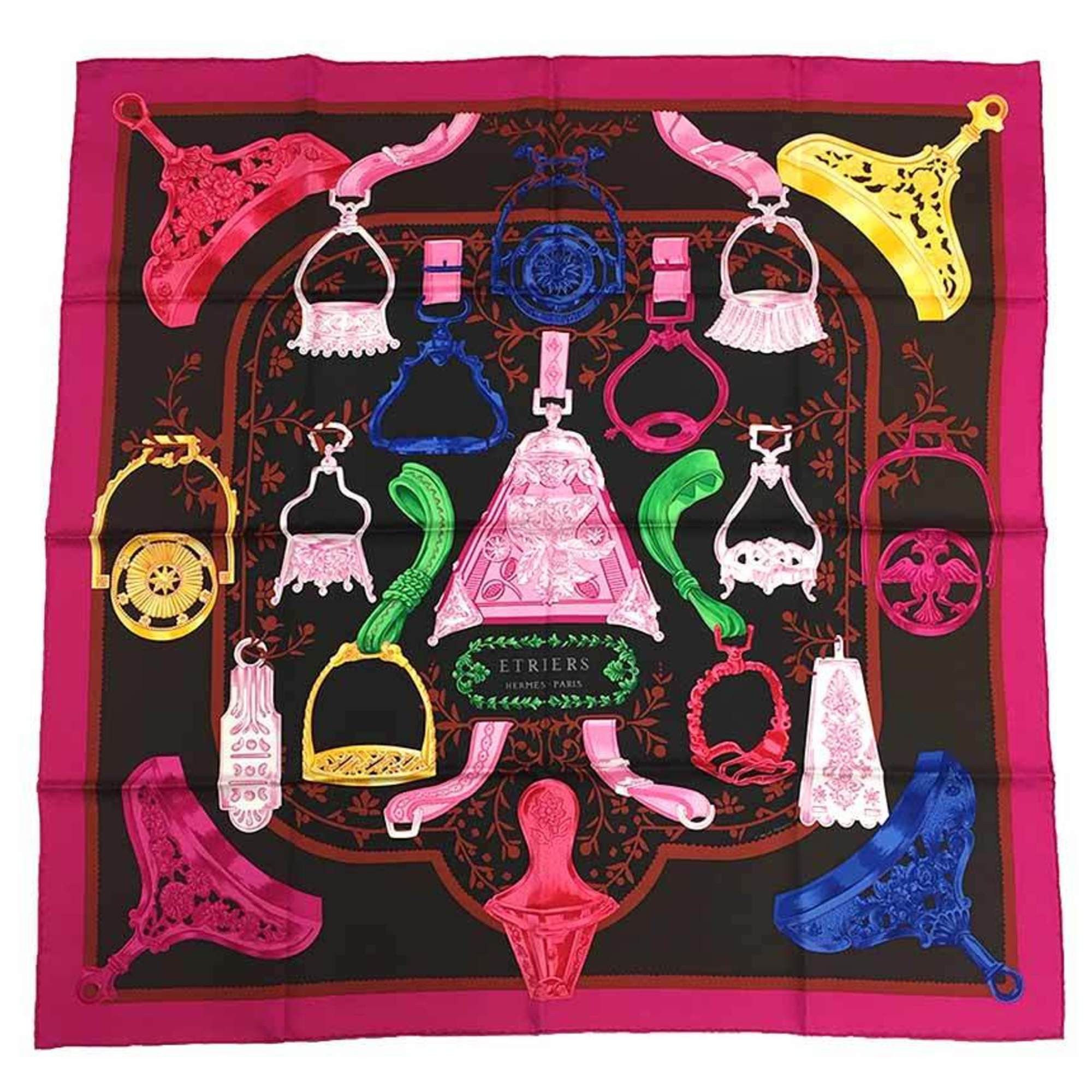 image of Hermes Scarf Muffler Carre 90 Etriers Stirrup Pattern/horse Pattern Pink X Brown 100% Silk Aq6838, 