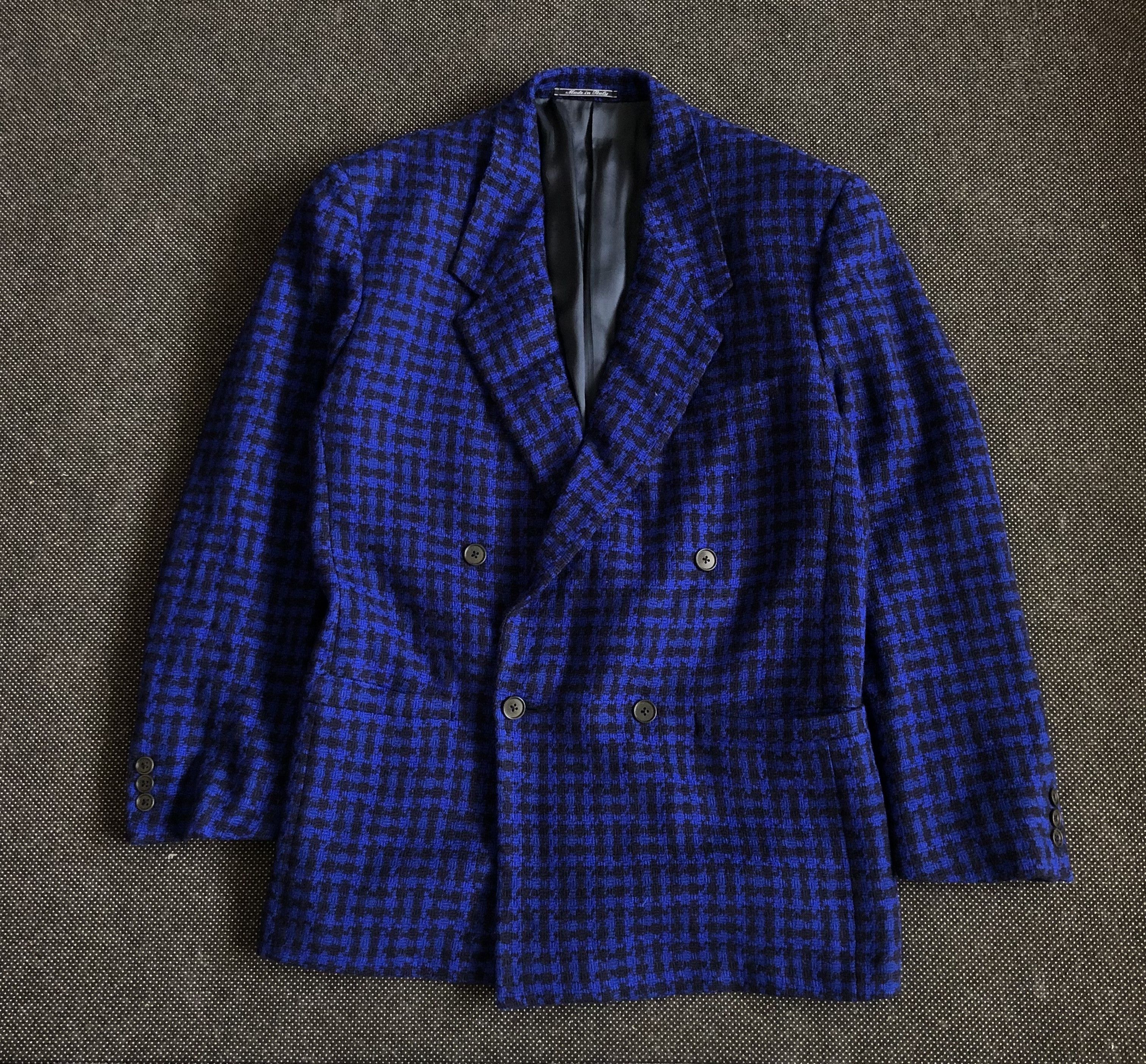 Versace × Vintage 90’S GIANNI VERSACE BLACK & COBALT WOOL CASHMERE COAT Size US L / EU 52-54 / 3 - 2 Thumbnail
