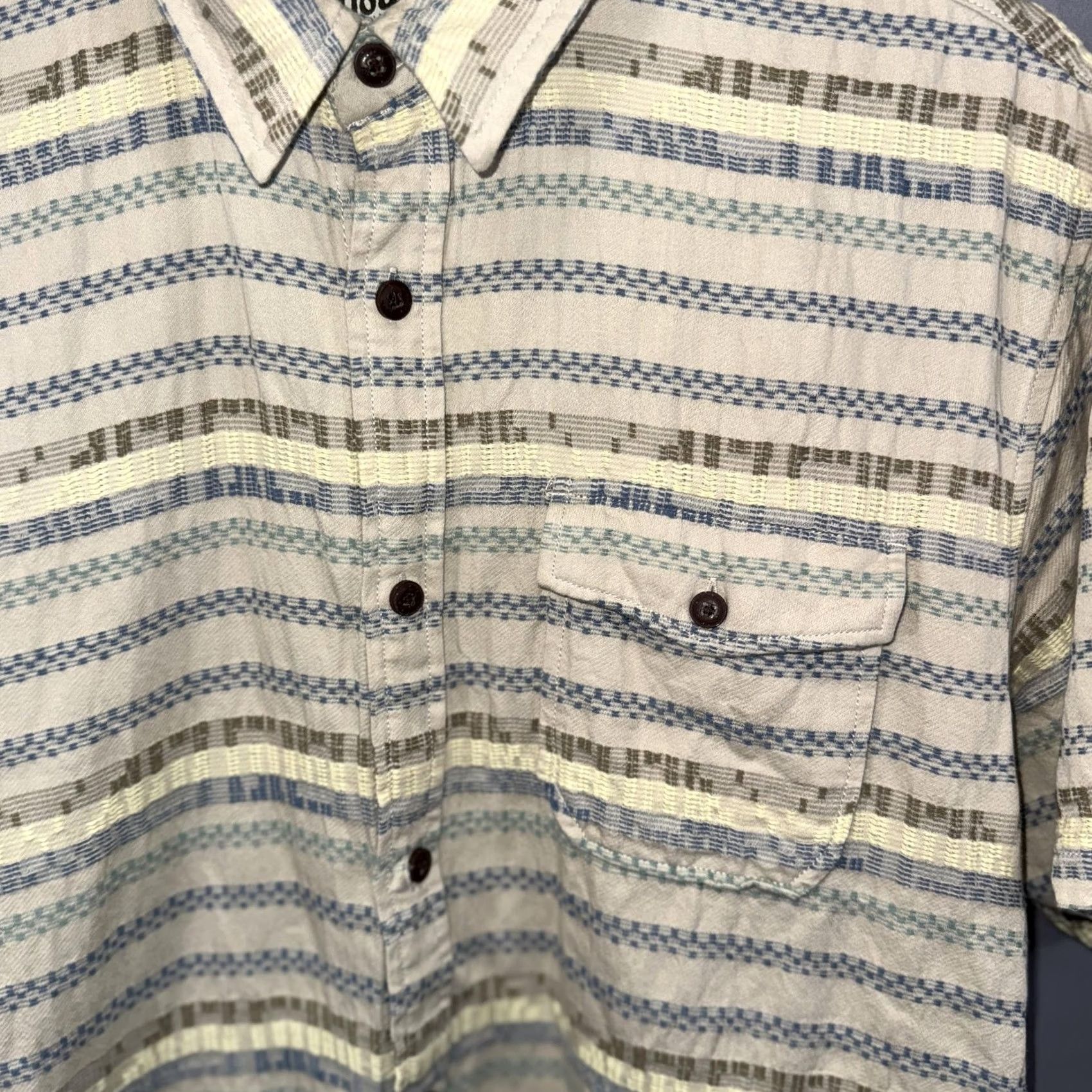 Vintage Howler Bros Shirt Mens L Beige Blue Striped Short Sleeve Button Front Cotton Size US L / EU 52-54 / 3 - 6 Thumbnail