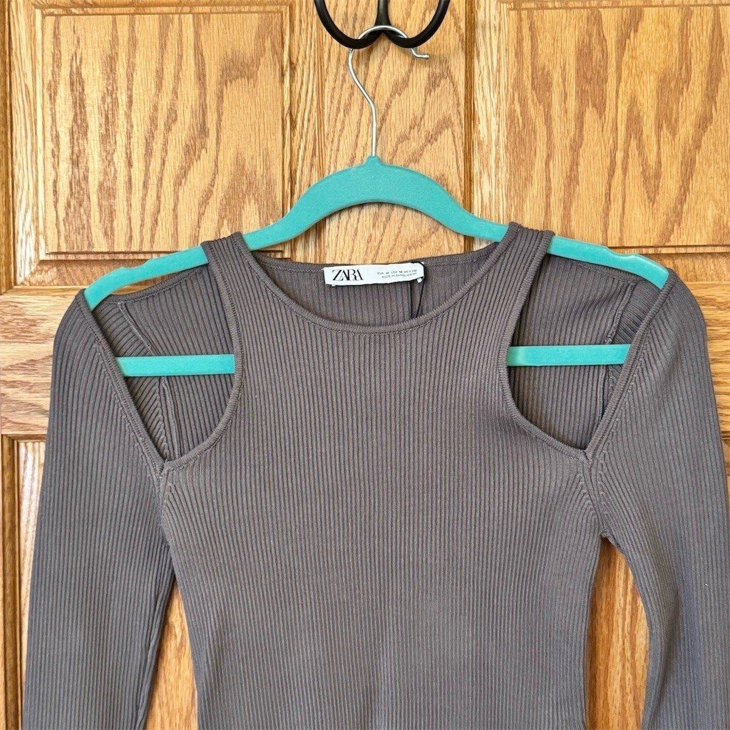 Zara ZARA Cropped Top Womens M Brown Taupe Ribbed Knit Cutout Sh Size M / US 6-8 / IT 42-44 - 3 Thumbnail