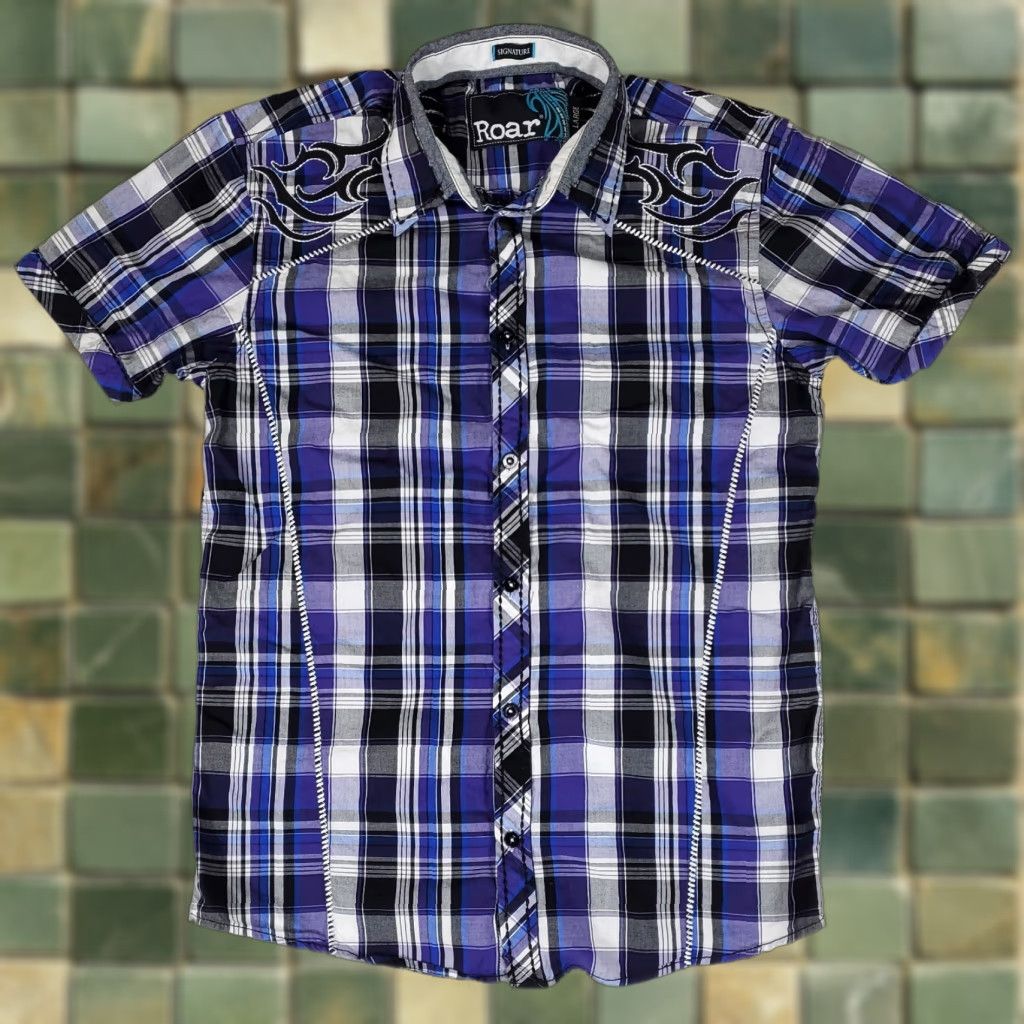 Roar Roar Signature Embroidered Button-Up Shirt Plaid Blue White Purple Mens L Colorful Short Sleeve Size US L / EU 52-54 / 3 - 1 Thumbnail