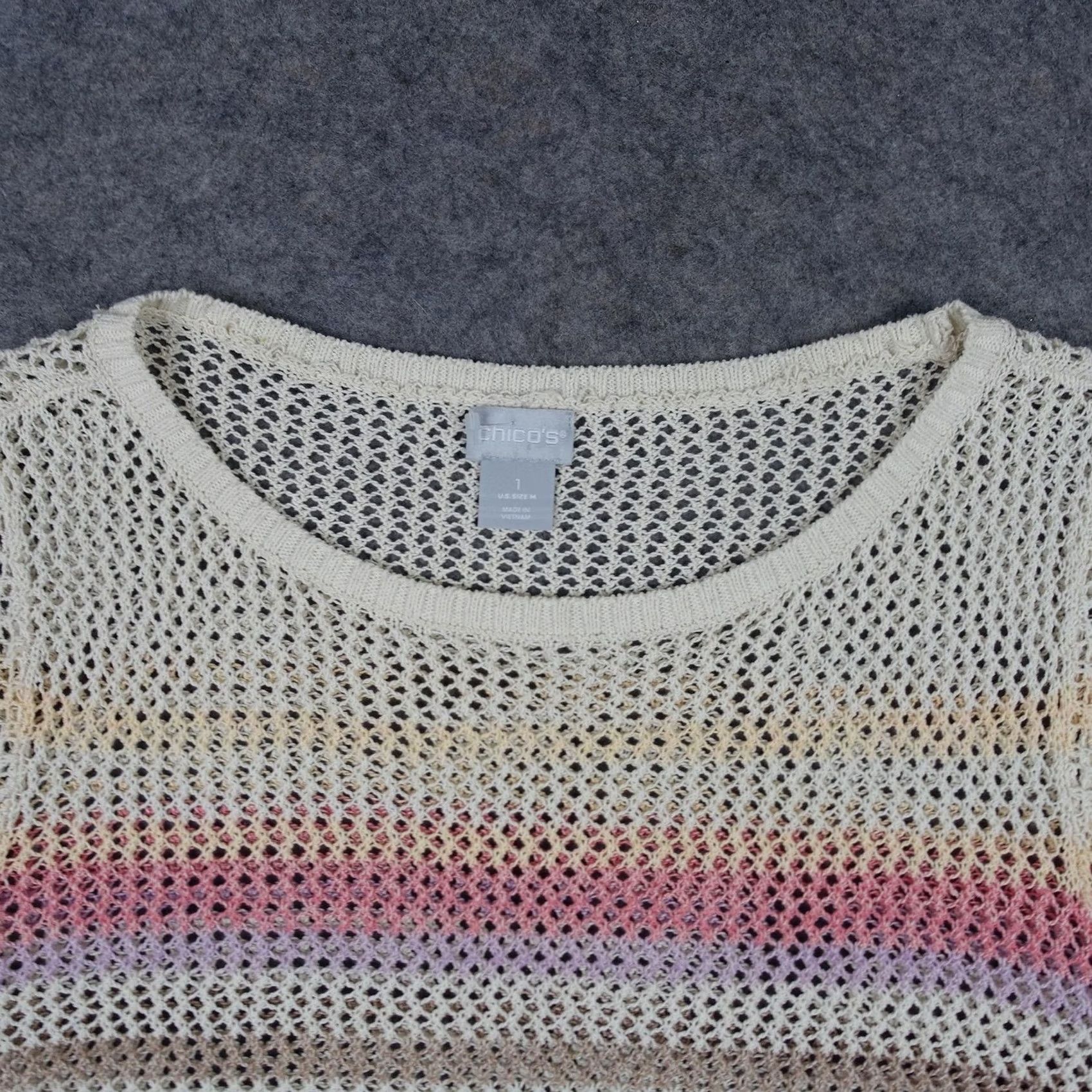 Vintage Chicos Sweater Womens M White Open Knit Stripe Crewneck Pullover Casual Knit Size M / US 6-8 / IT 42-44 - 2 Thumbnail