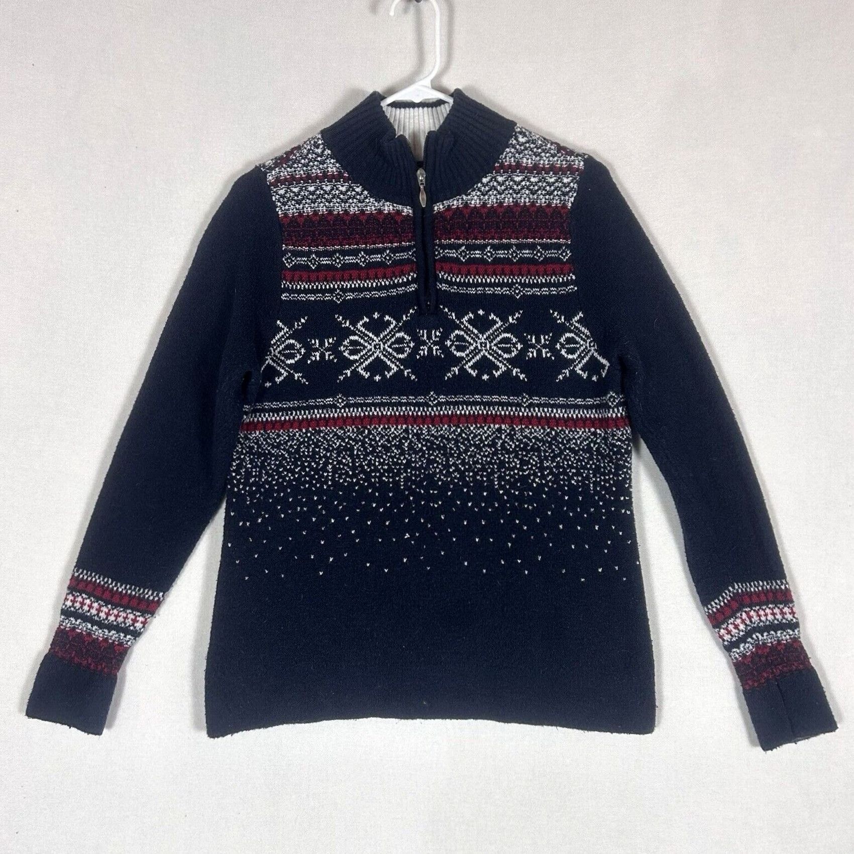 Vintage Christopher & Banks Fair Isle Sweater Womens S 1/4 Zip Mock Neck Holiday Casual Knit Pullover Blue Winter Fall Spring Womens Size S / US 4 / IT 40 - 2 Thumbnail