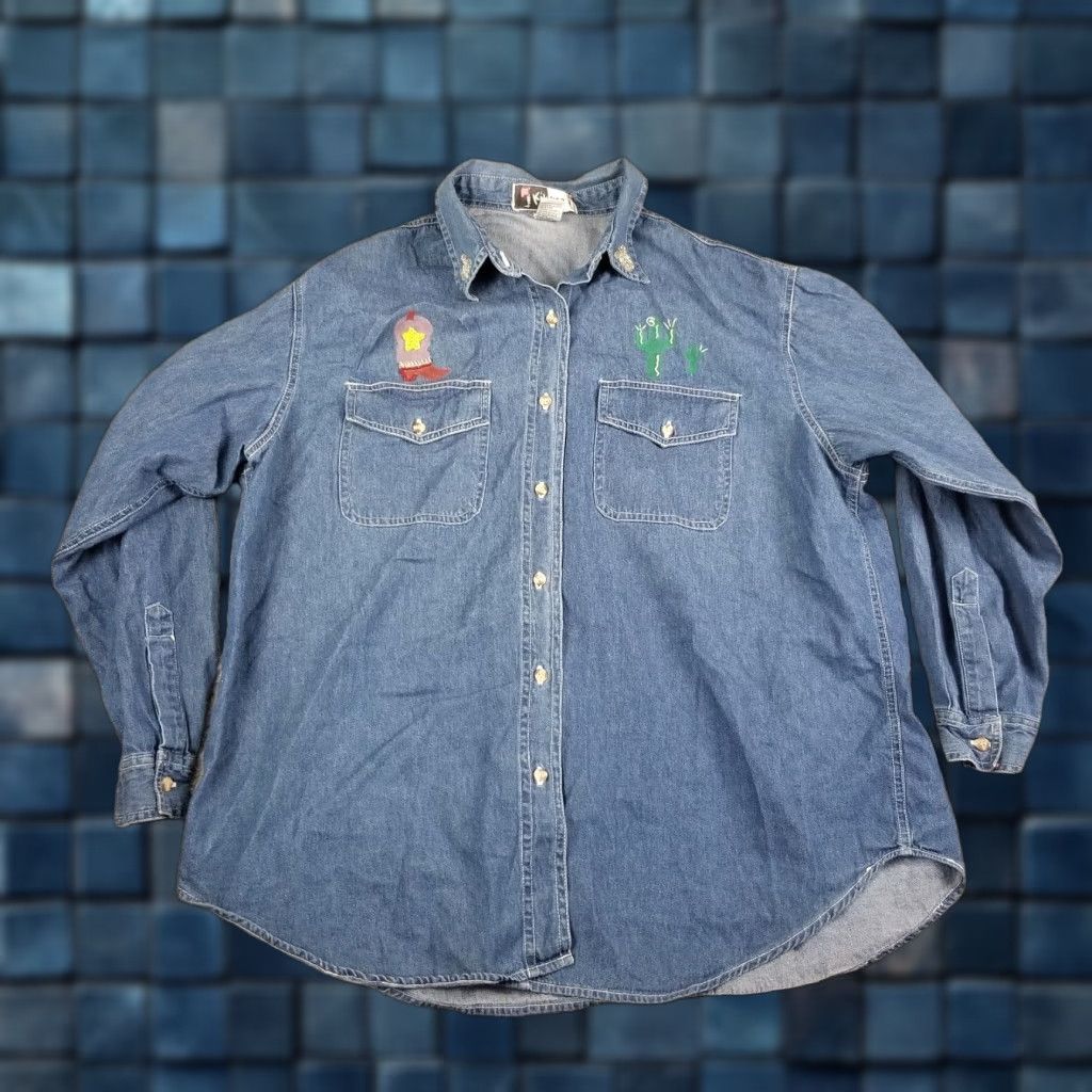 Denime Kikomo Western Denim Shirt Women 18W Long Sleeve Beaded Boots Horse Cactus Cowboy Buttons 100% Cotton Blue Vintage Plus Size Women Size XXL / US 16-18 / IT 52-54 - 1 Thumbnail