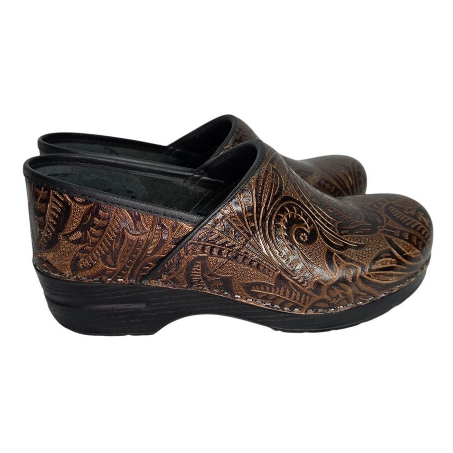 Dansko Dansko Brown Tooled Leather Clogs Embossed Slip On Shoes Size US 10.5 / IT 40.5 - 1 Thumbnail