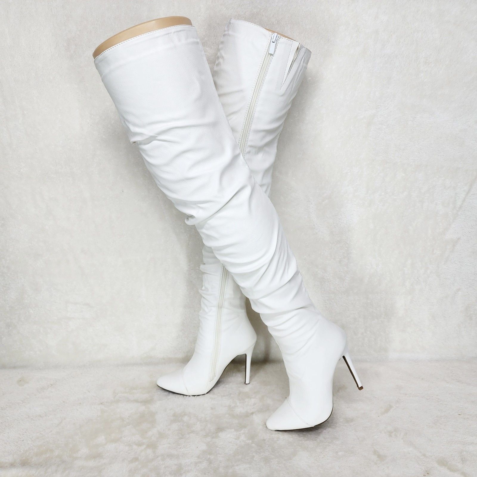 Victoria White Thigh High Over The Knee Slouch Scrunch Boots