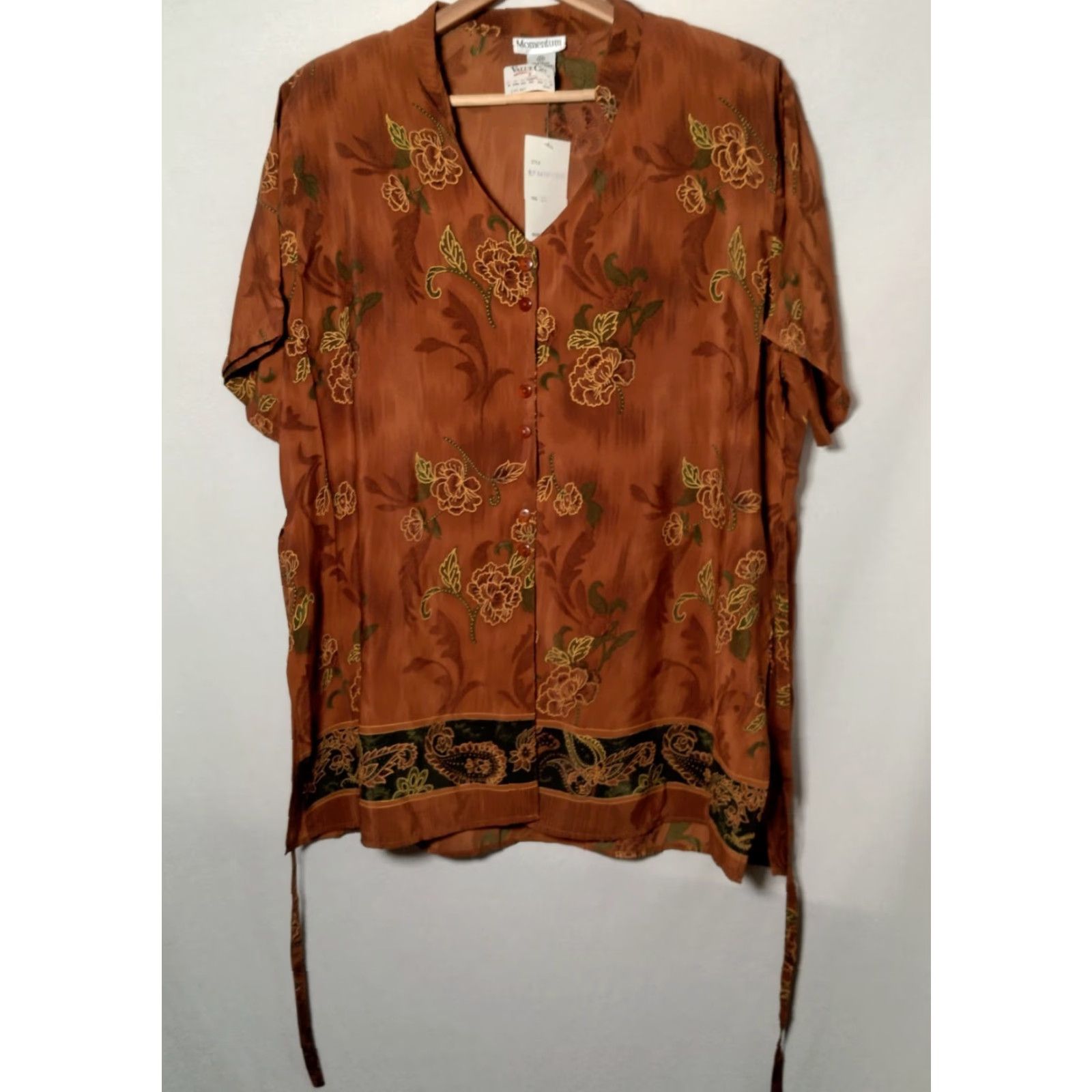 Vintage VINTAGE Momentum Blouse Plus Size 2X Brown Floral Button Tie Back Short Sleeve V Neck 90s Womens Size XXL / US 16-18 / IT 52-54 - 3 Thumbnail