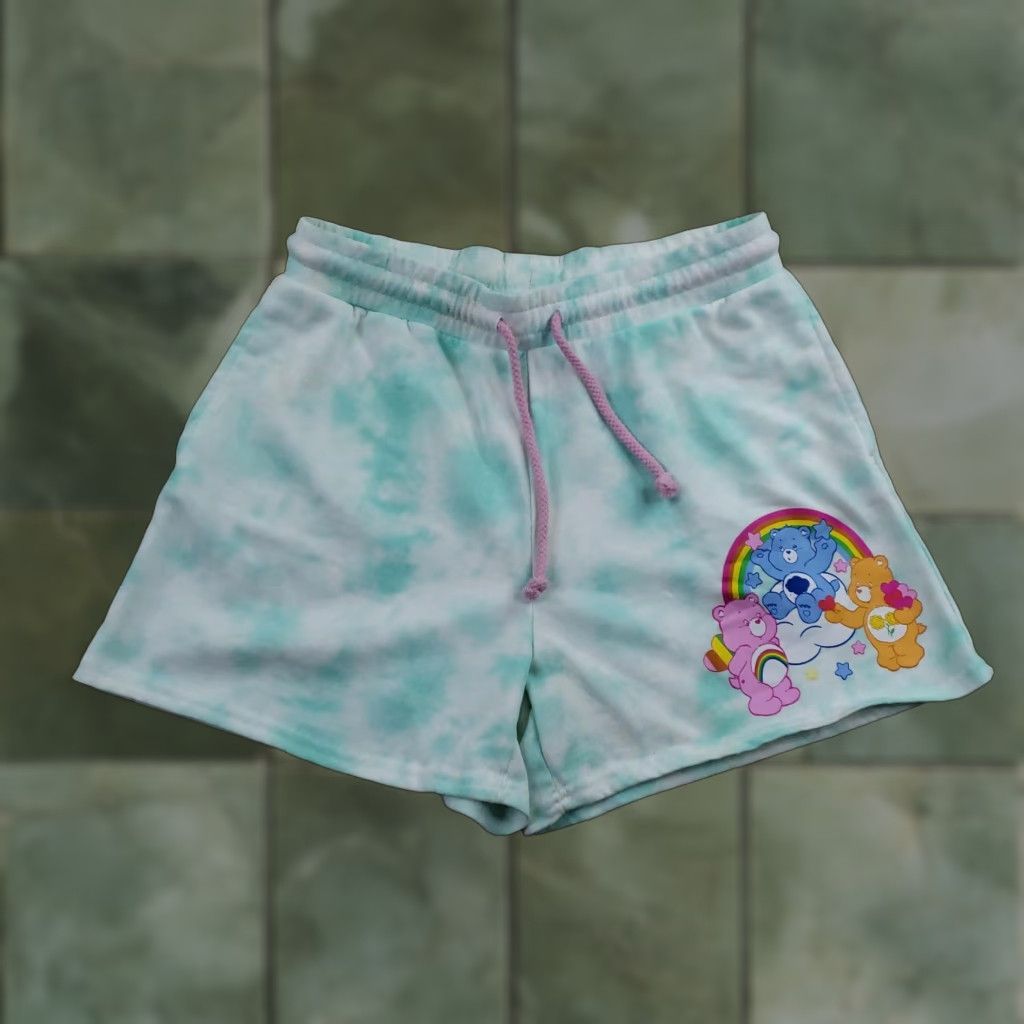 Vintage Care Bears Shorts Womens Large Green Tie Dye French Terry Lounge Rainbow Cartoon Size 36" / US 14 / IT 50 - 1 Thumbnail