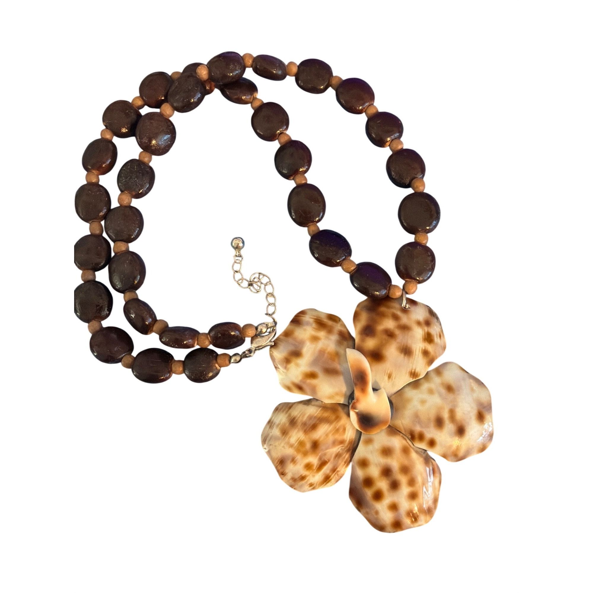 Other Vtg Shell Flower Pendant Wood Bead Necklace Earrings Set Vac Size ONE SIZE - 1 Thumbnail