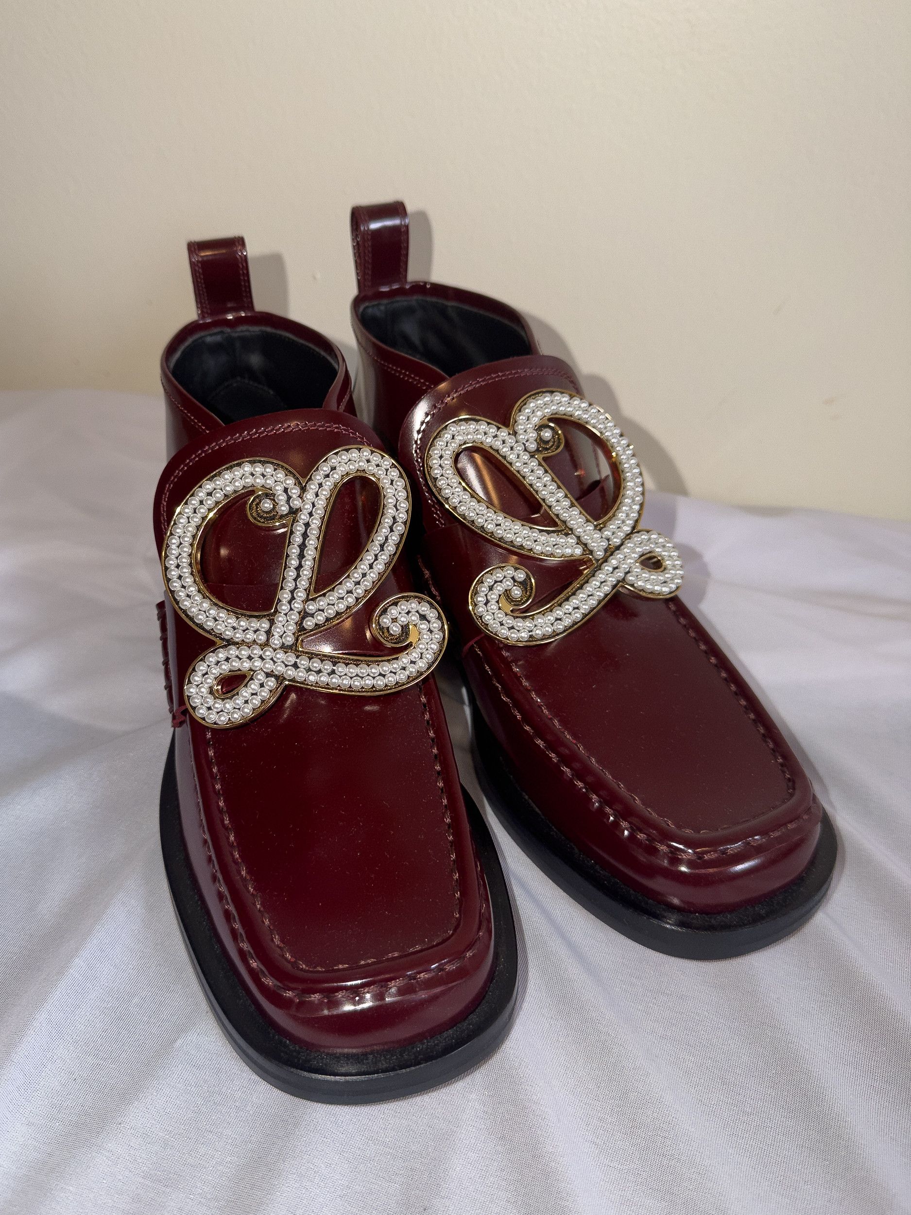 Loewe Loewe Burgundy Leather Pearl Buckle Ankle Boots Size US 6 / IT 36 - 1 Thumbnail
