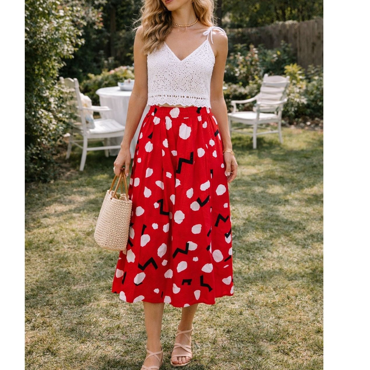 Vintage Vintage 80s abstract polkadot skirt red white black sz XS/S Size 24" / US 00 / IT 34 - 1 Thumbnail