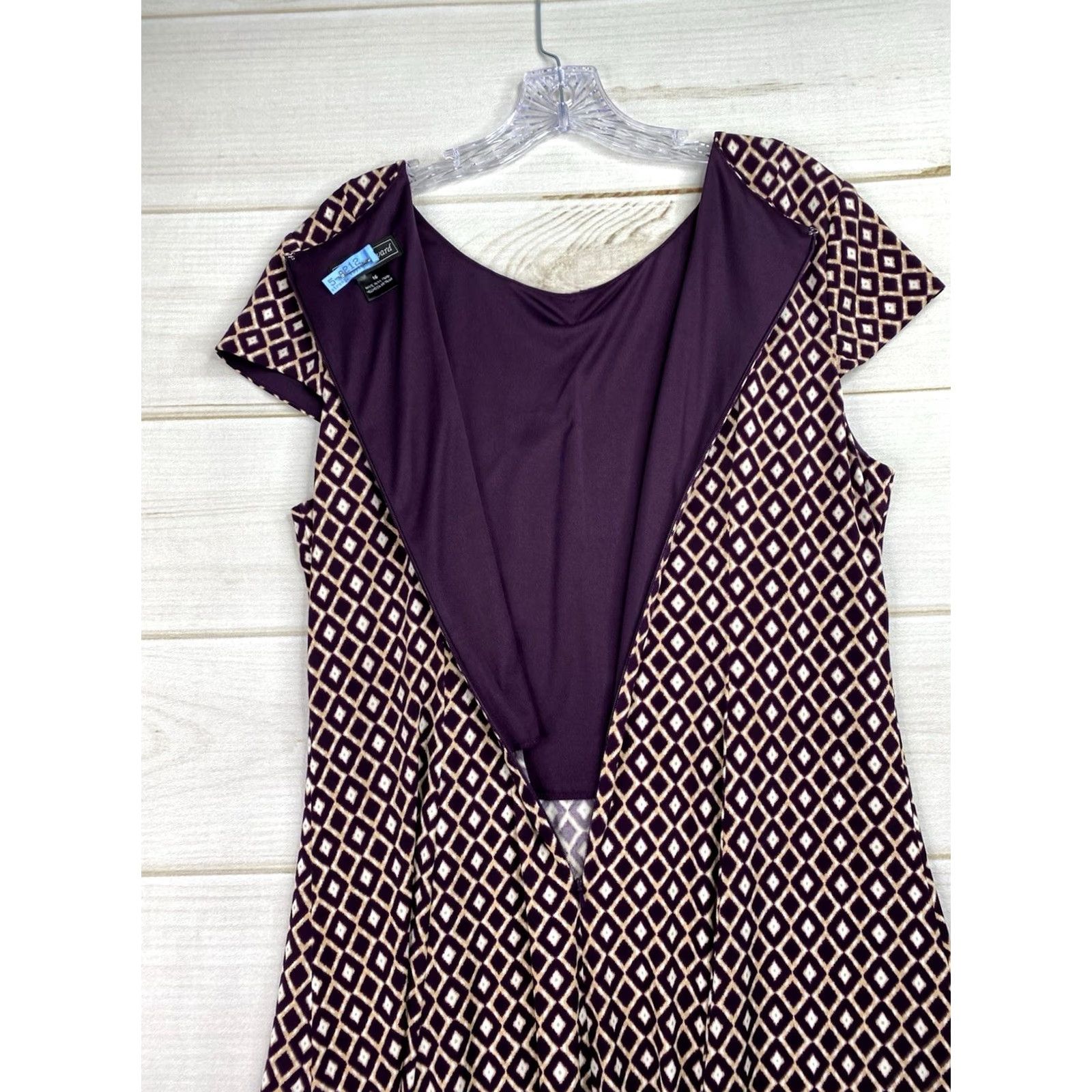 Vintage Jessica Howard Dress 16 Purple Geometric Print Stretch Knit Midi Cap Sleeve Zip Dress Size XXL / US 16-18 / IT 52-54 - 8 Thumbnail