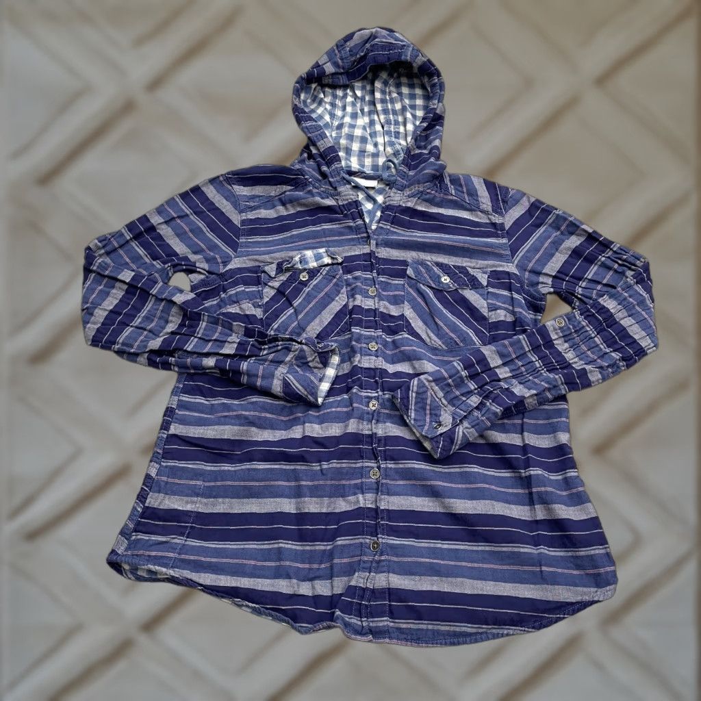 Vintage Columbia Hoodie Shirt Womens Medium Blue Striped Button-Down Cotton Shirt Hooded Casual Exterior Button Up Top Womens M Blue Size M / US 6-8 / IT 42-44 - 1 Thumbnail