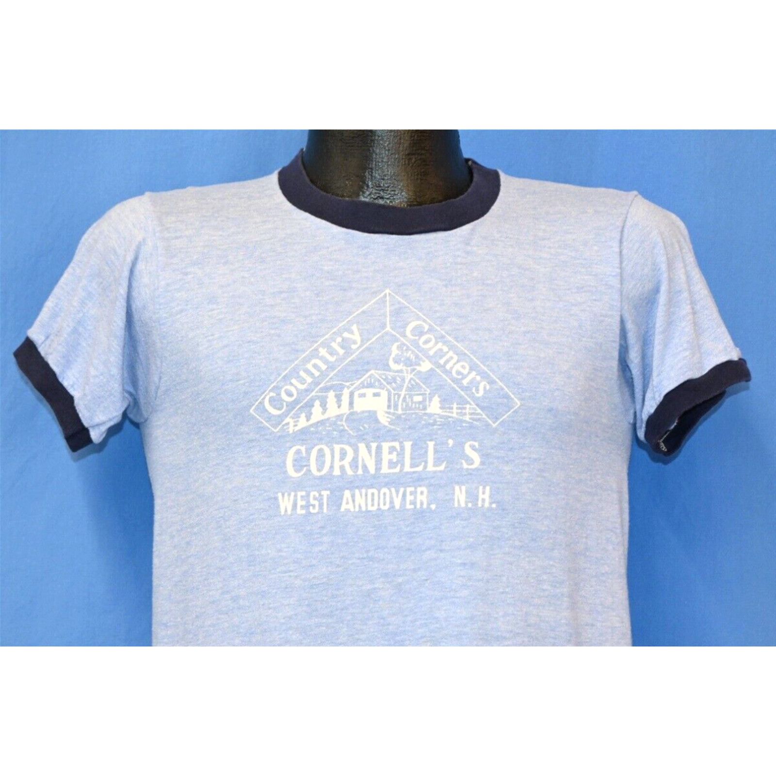 image of Vintage VTG 80's Cornell's County Corners West Andover Nh Heathered Ringer T-Shirt S in White (Size