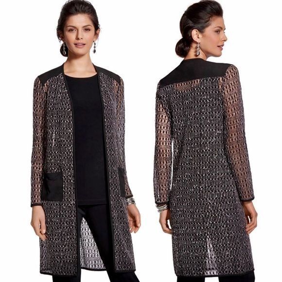 Chicos Chicos Travelers 2 Sheer Knit Duster Cardigan Black White L Size L / US 10 / IT 46 - 1 Thumbnail