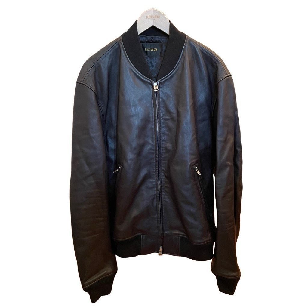 image of Buck Mason Bruiser Bomber Jacket Mens Black Lambskin Leather Motor Cycle (Size 2XL)