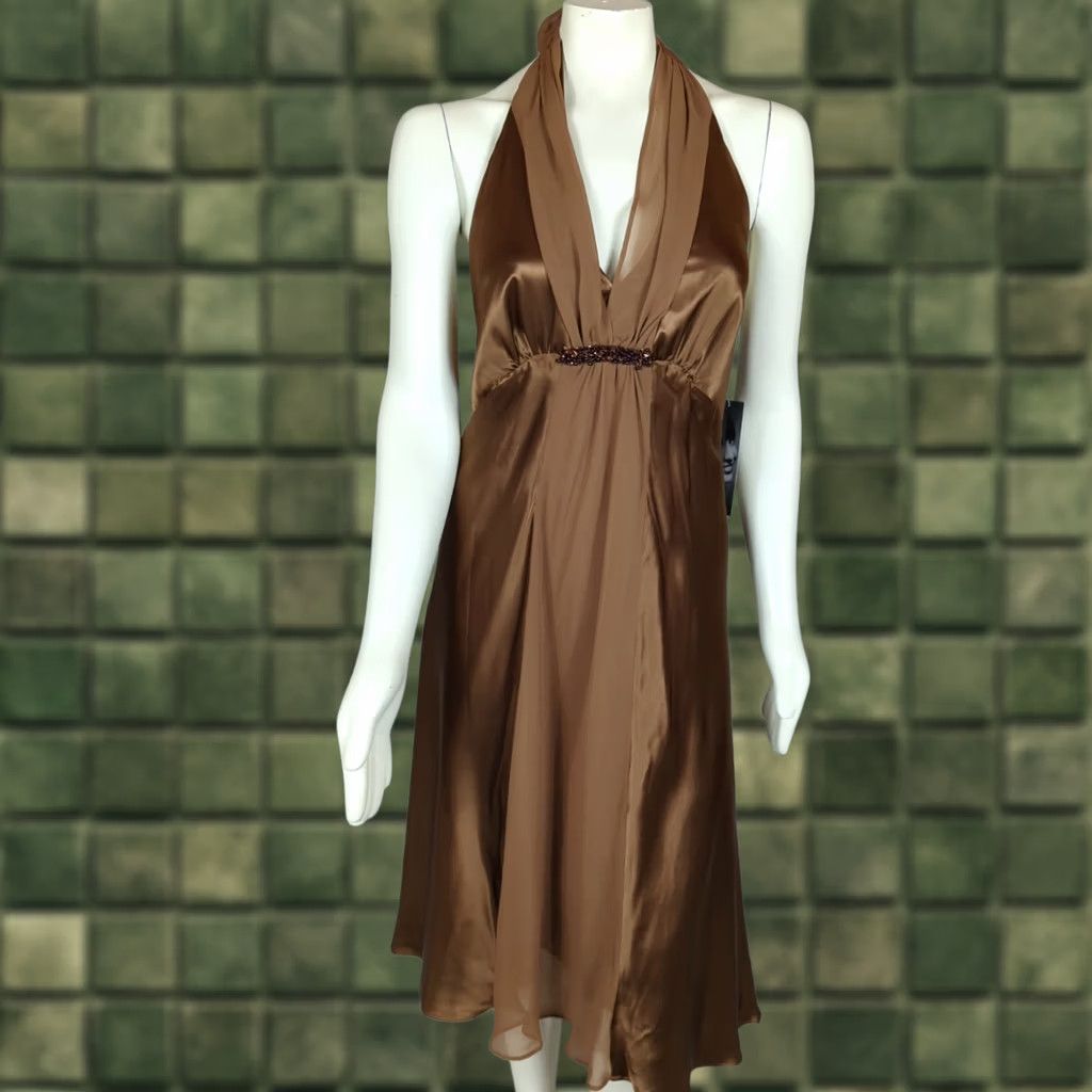 Vintage VINTAGE Donna Ricco dress Halter Knee Length Silk Brown Beaded Zipper Womens 12 Size XL / US 12-14 / IT 48-50 - 1 Thumbnail