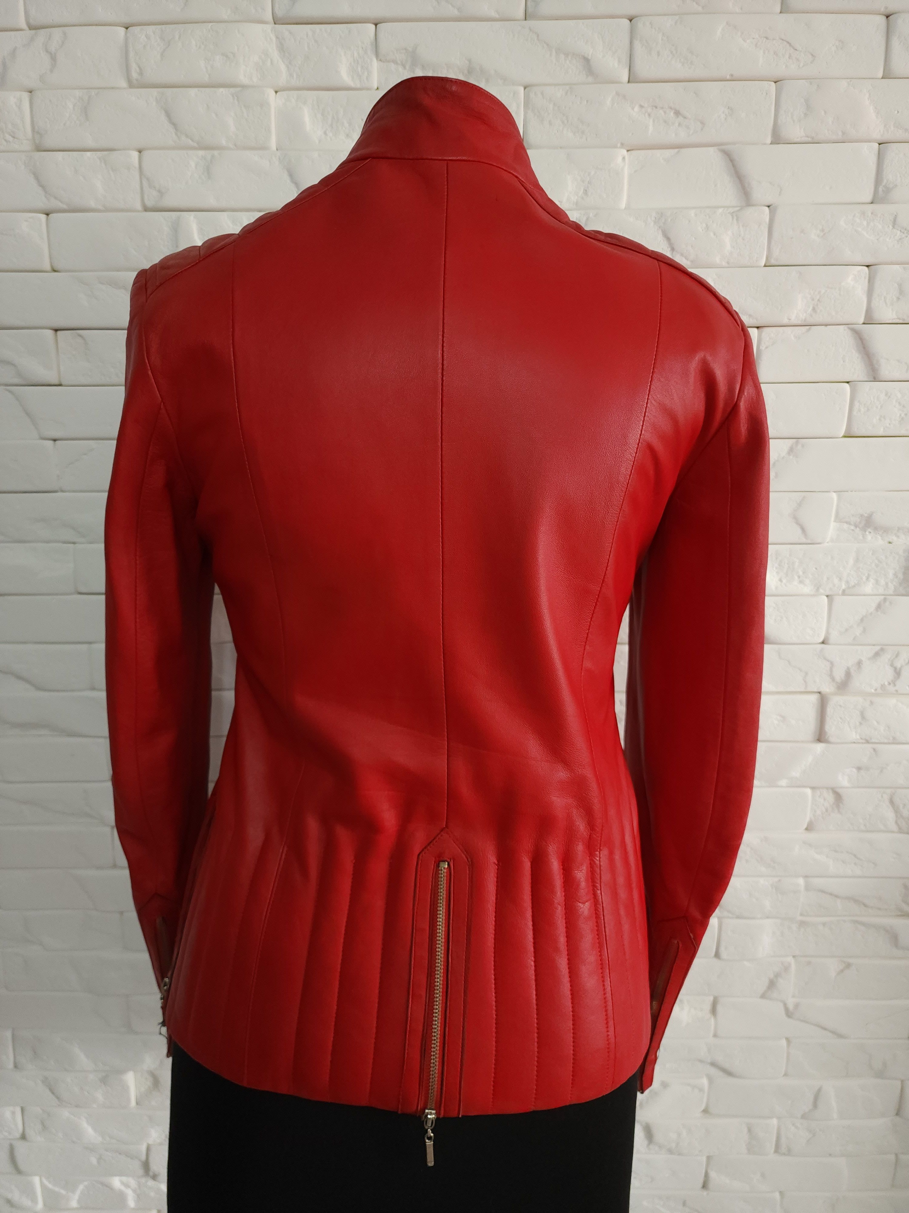 Genuine Leather Stylish women's red leather jacket with a metal zipper. Size M / US 6-8 / IT 42-44 - 6 Thumbnail