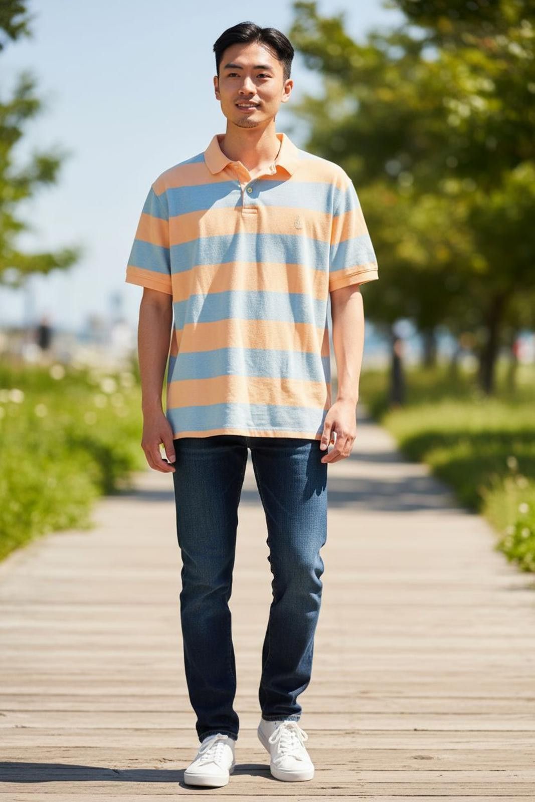 Nautica Men's Short Sleeve Polo Shirt Blue and Orange Stripes Size US L / EU 52-54 / 3 - 2 Thumbnail