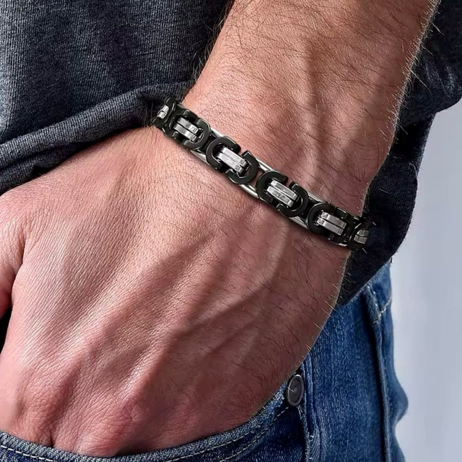 Other 8.5mm Black Silver Link Chain Bracelets Men Two Tone 8” Size ONE SIZE - 2 Thumbnail