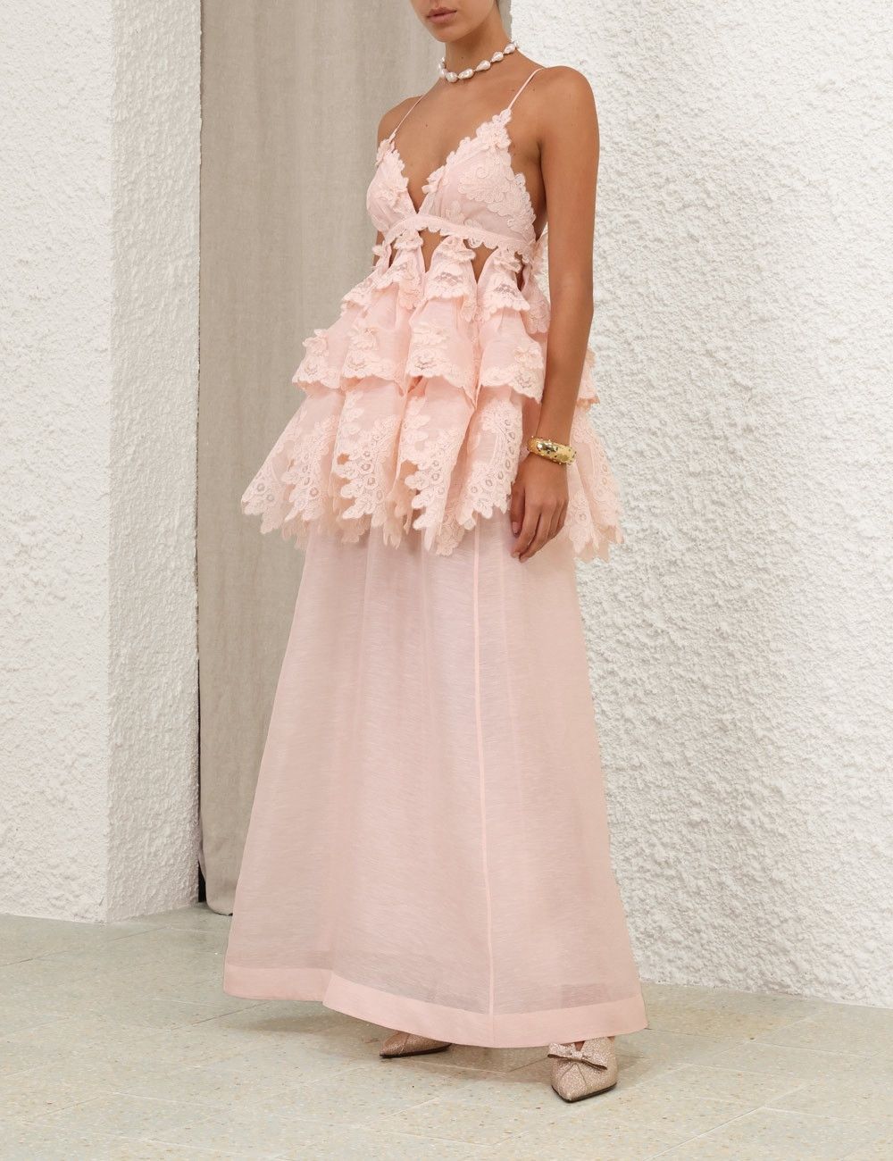 Zimmermann oc11z0925 Crush Tiered Lace Maxi Dress in Pale Pink Size XS / US 0-2 / IT 36-38 - 3 Thumbnail