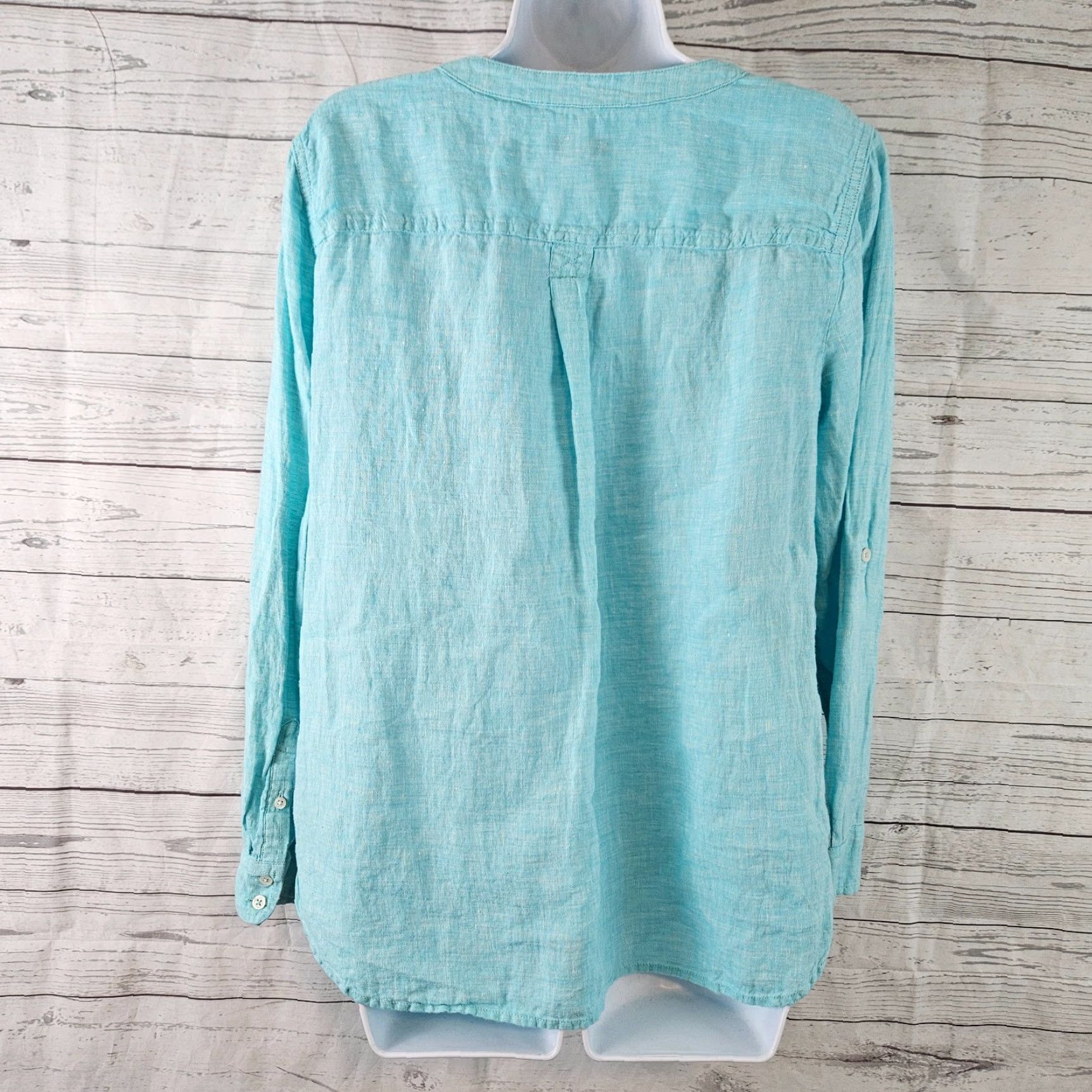 Talbots Talbots Womens Linen Popover Top Shirt Petite Large Aqua Long Sleeve]] Size L / US 10 / IT 46 - 3 Thumbnail