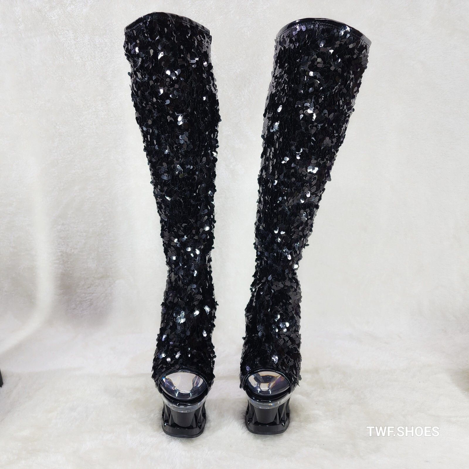 Other Pleaser Spiky Black Sequin Knee Boots Spiked Design Platform Size US 12 / IT 42 - 6 Thumbnail