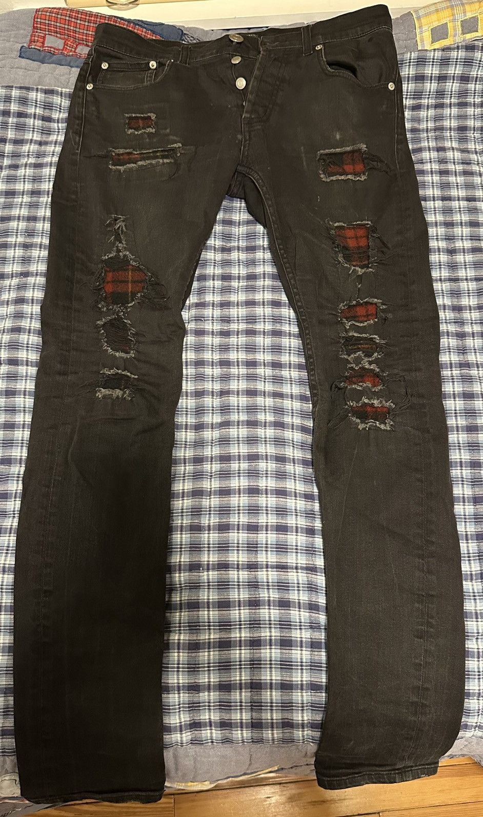 Black Distressed Jeans Plaid Patchwork