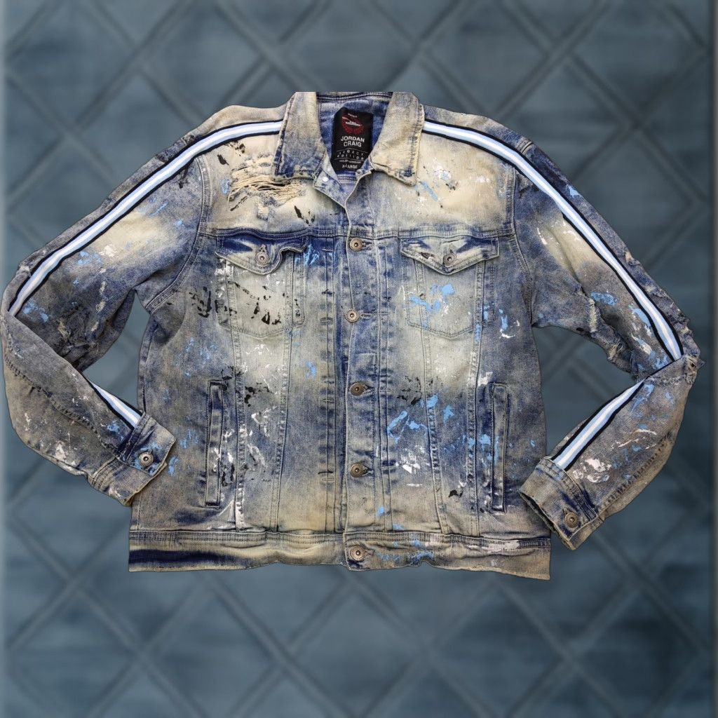 Jordan Craig Jordan Craig Jacket Mens XL Blue Denim Varsity Paint Splatter Striped Sleeves Size US XL / EU 56 / 4 - 1 Thumbnail